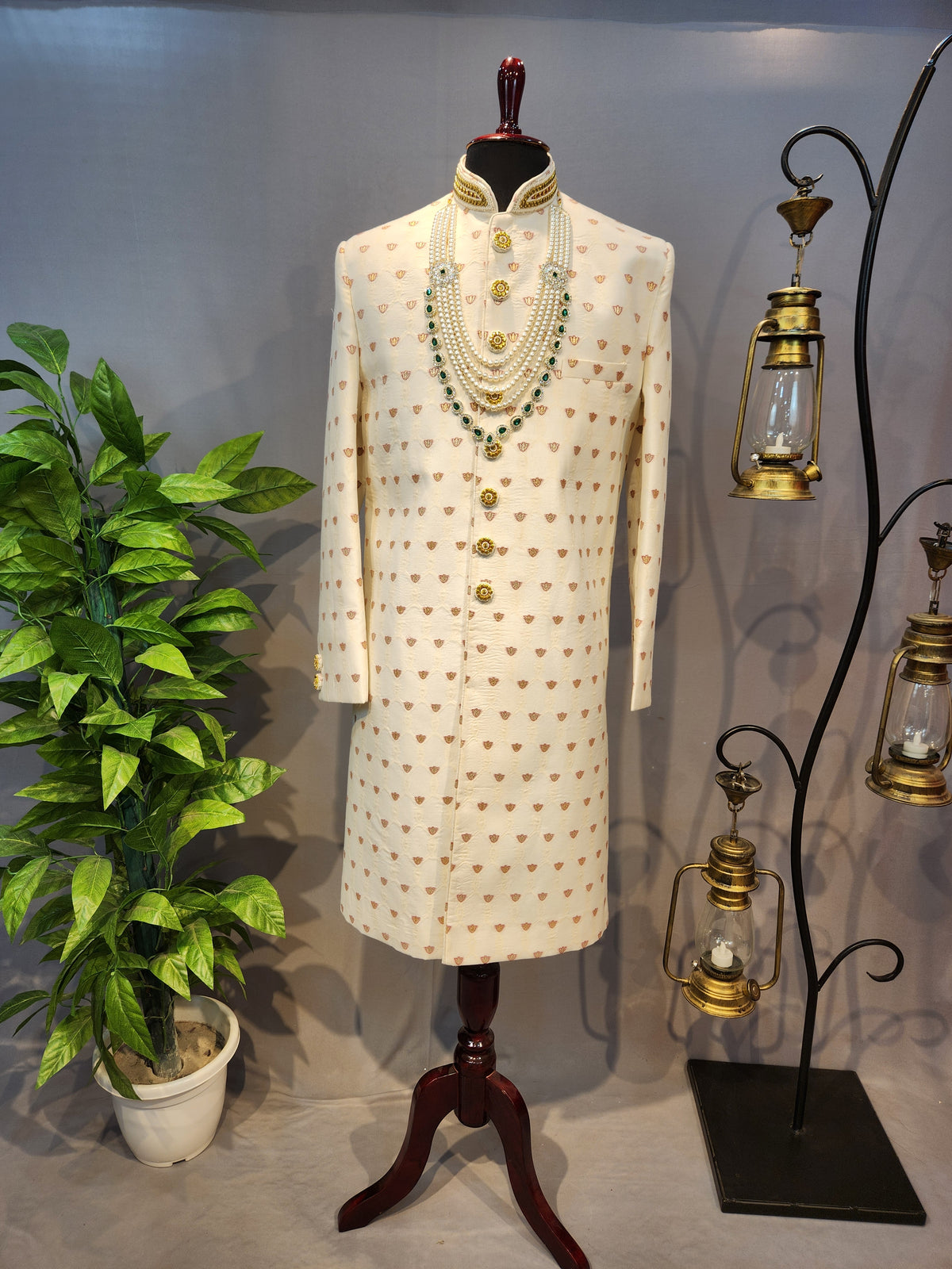 White Wedding Groom Sherwani - Benarasi Fabric | Sherwani For Men