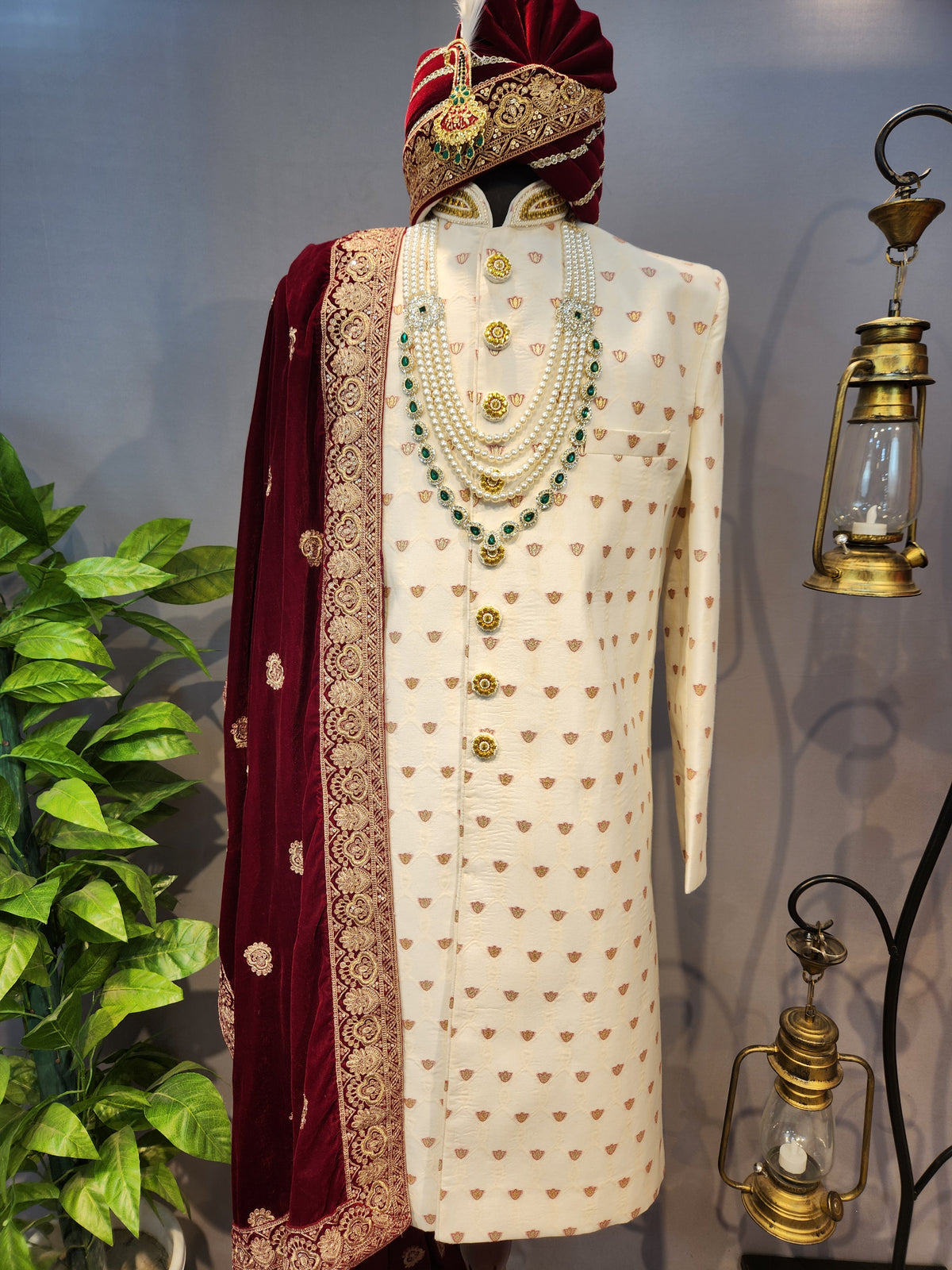 White Wedding Groom Sherwani - Benarasi Fabric | Sherwani For Men