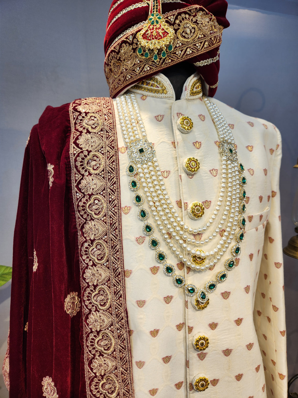 White Wedding Groom Sherwani - Benarasi Fabric | Sherwani For Men