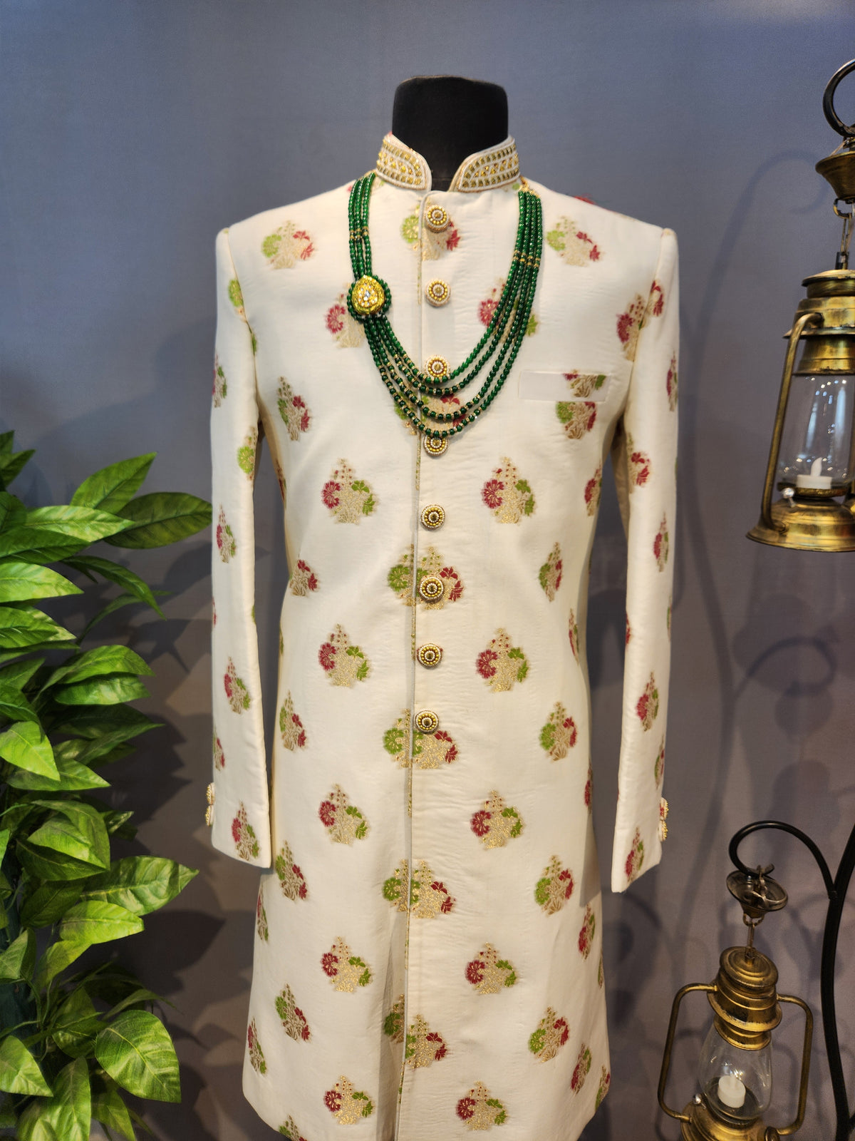 White Wedding Groom Sherwani - Benarasi Fabric | Sherwani For Men