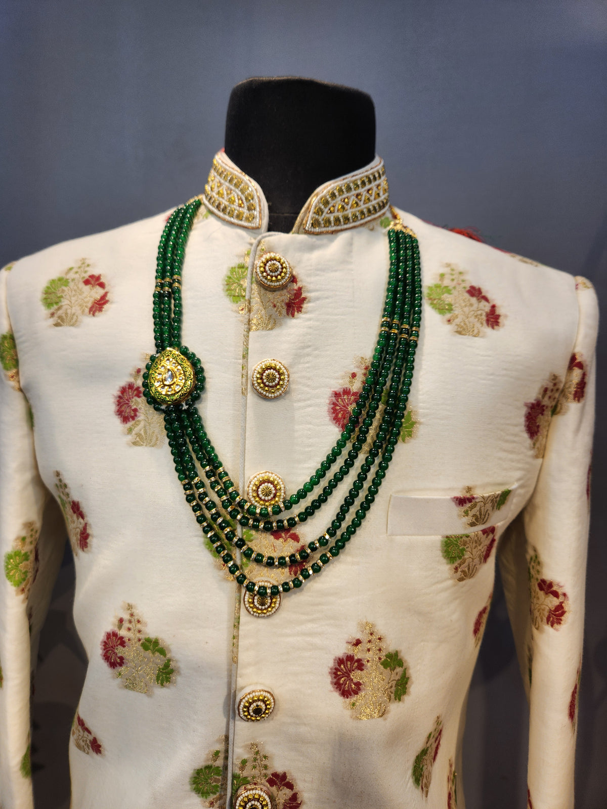 White Wedding Groom Sherwani - Benarasi Fabric | Sherwani For Men