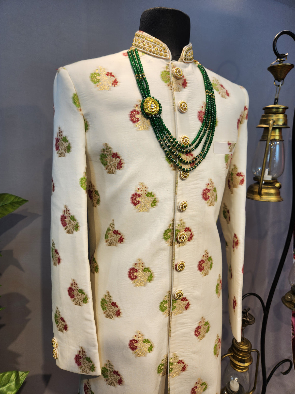 White Wedding Groom Sherwani - Benarasi Fabric | Sherwani For Men