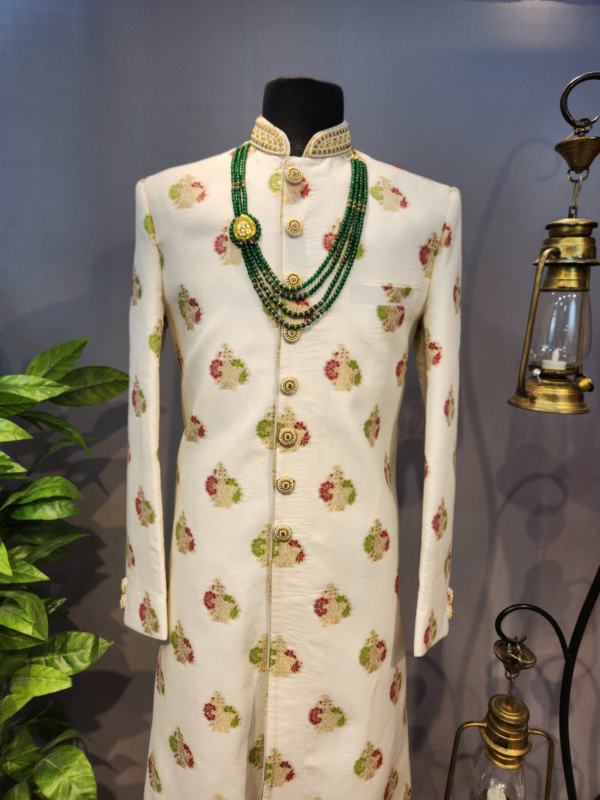 White Wedding Groom Sherwani - Benarasi Fabric | Sherwani For Men