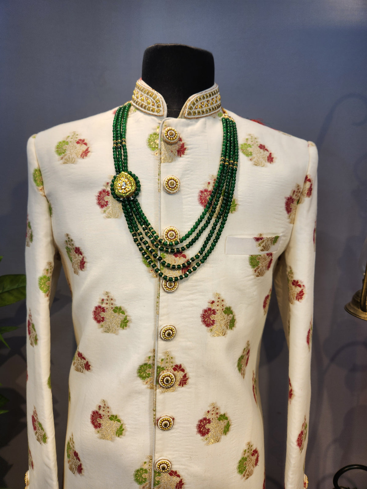 White Wedding Groom Sherwani - Benarasi Fabric | Sherwani For Men