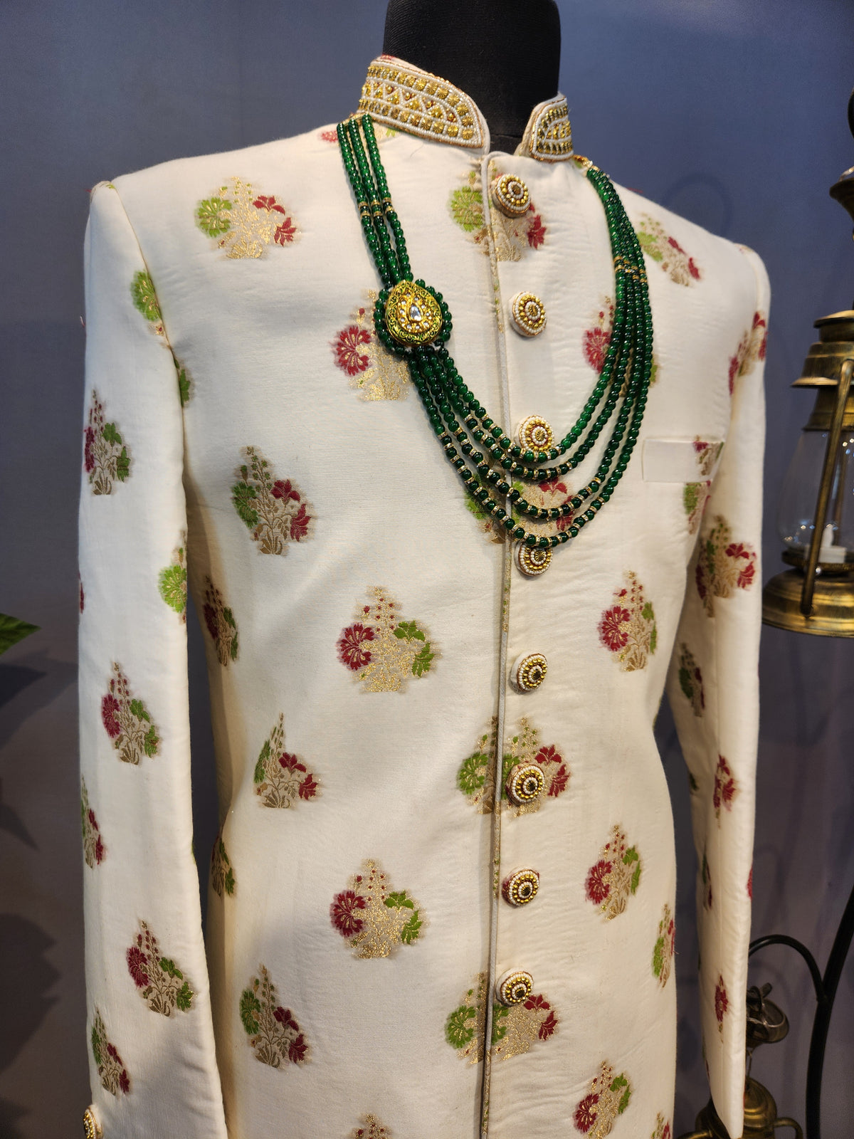 White Wedding Groom Sherwani - Benarasi Fabric | Sherwani For Men