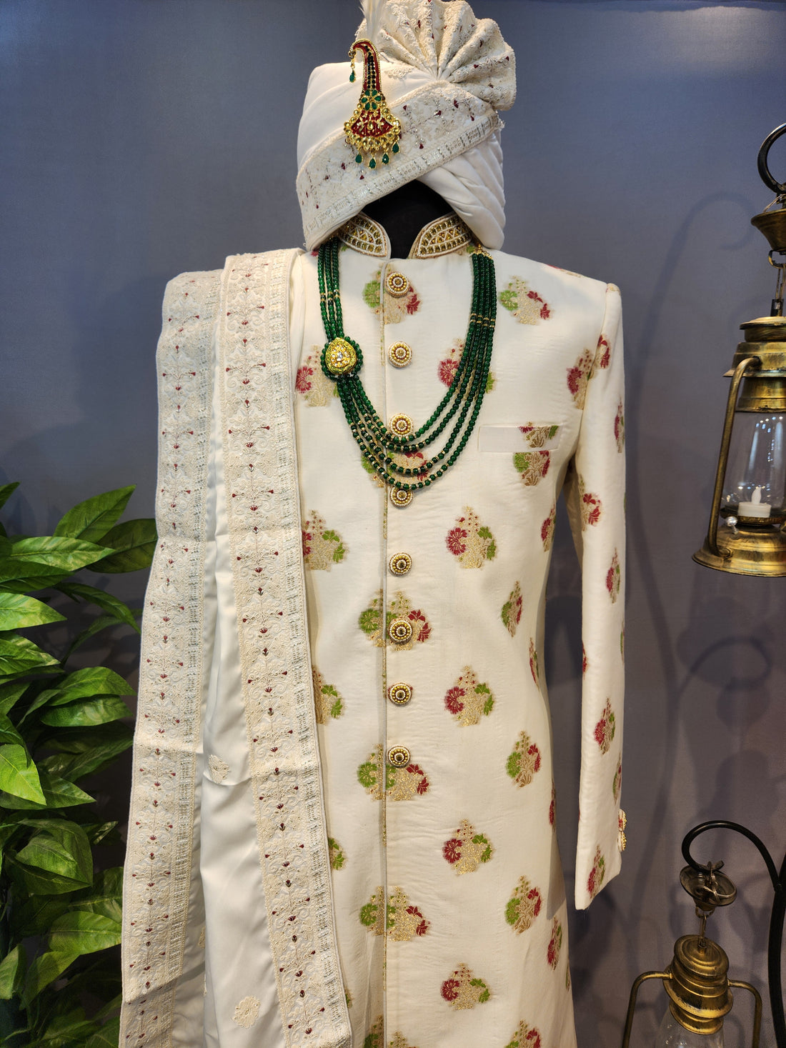 White Wedding Groom Sherwani - Benarasi Fabric | Sherwani For Men