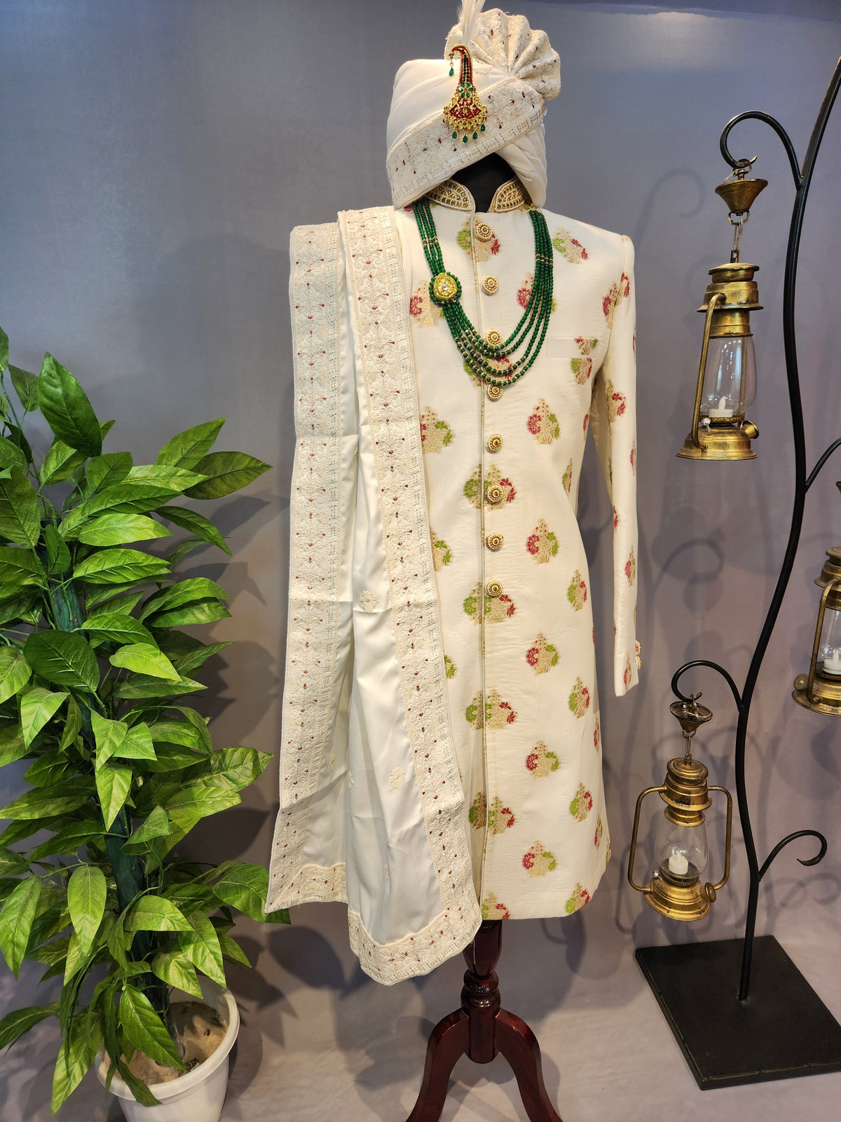 White Wedding Groom Sherwani - Benarasi Fabric | Sherwani For Men