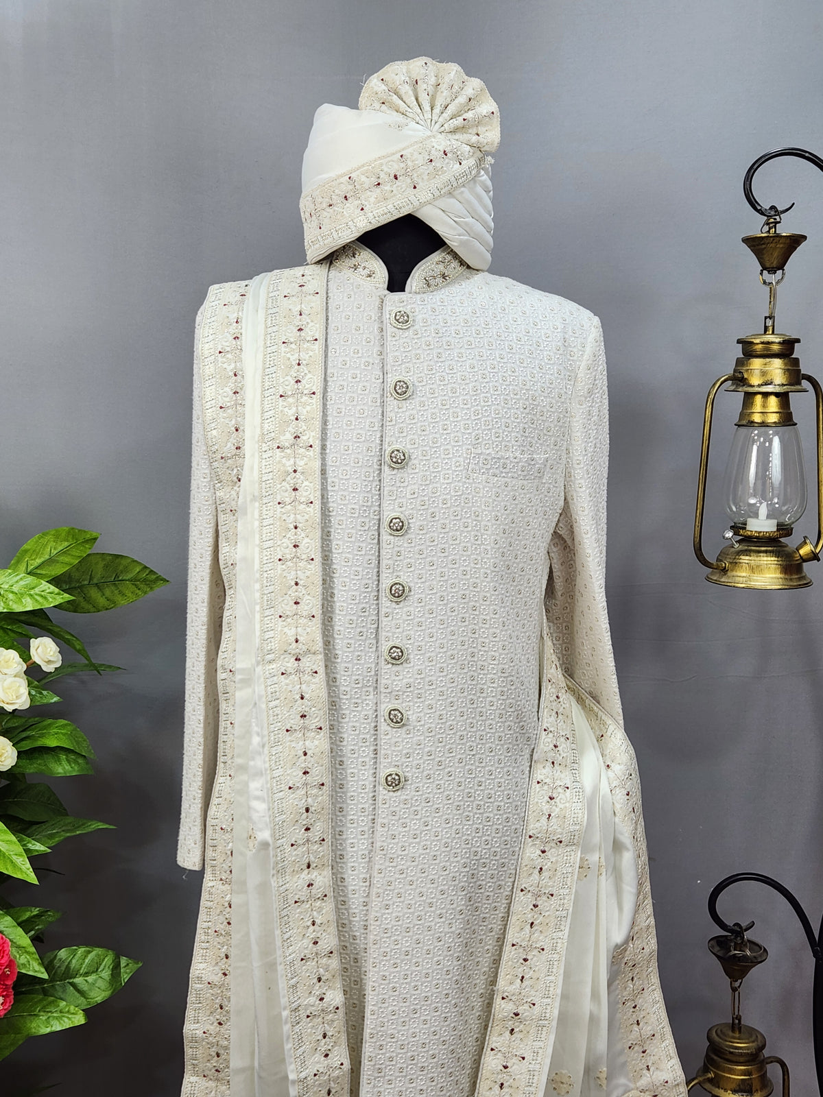 White Groom Turban Shawl With Red Touch Up | Dupatta Safa Set For Men