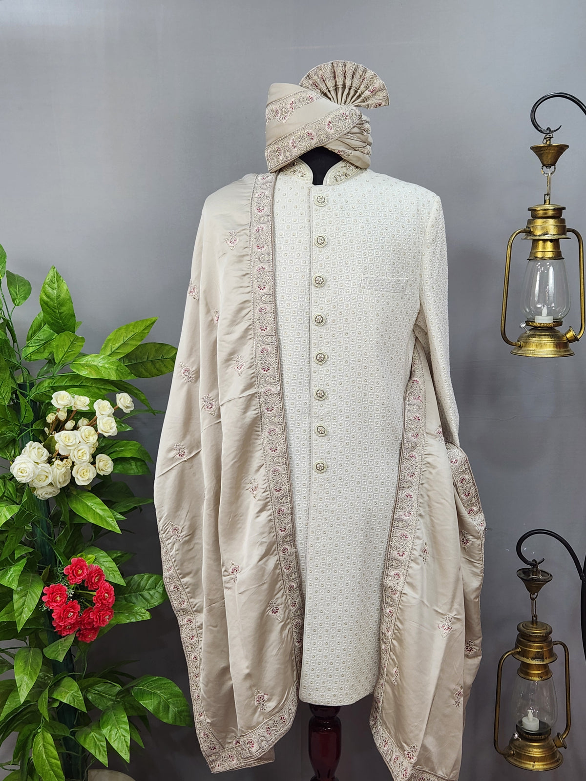 Lavender Groom Turban Shawl Set With Red Touch Up | Dupatta Safa Set For Men