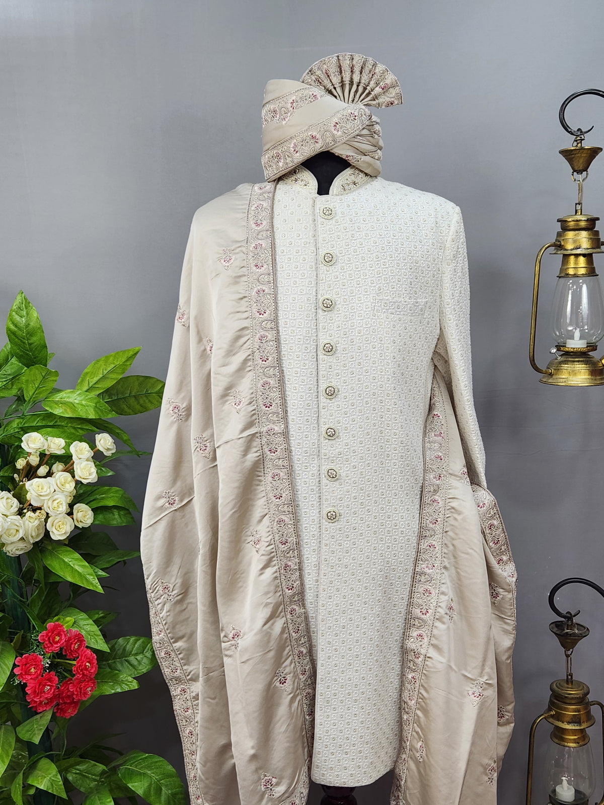 Lavender Groom Turban Shawl Set With Red Touch Up | Dupatta Safa Set For Men
