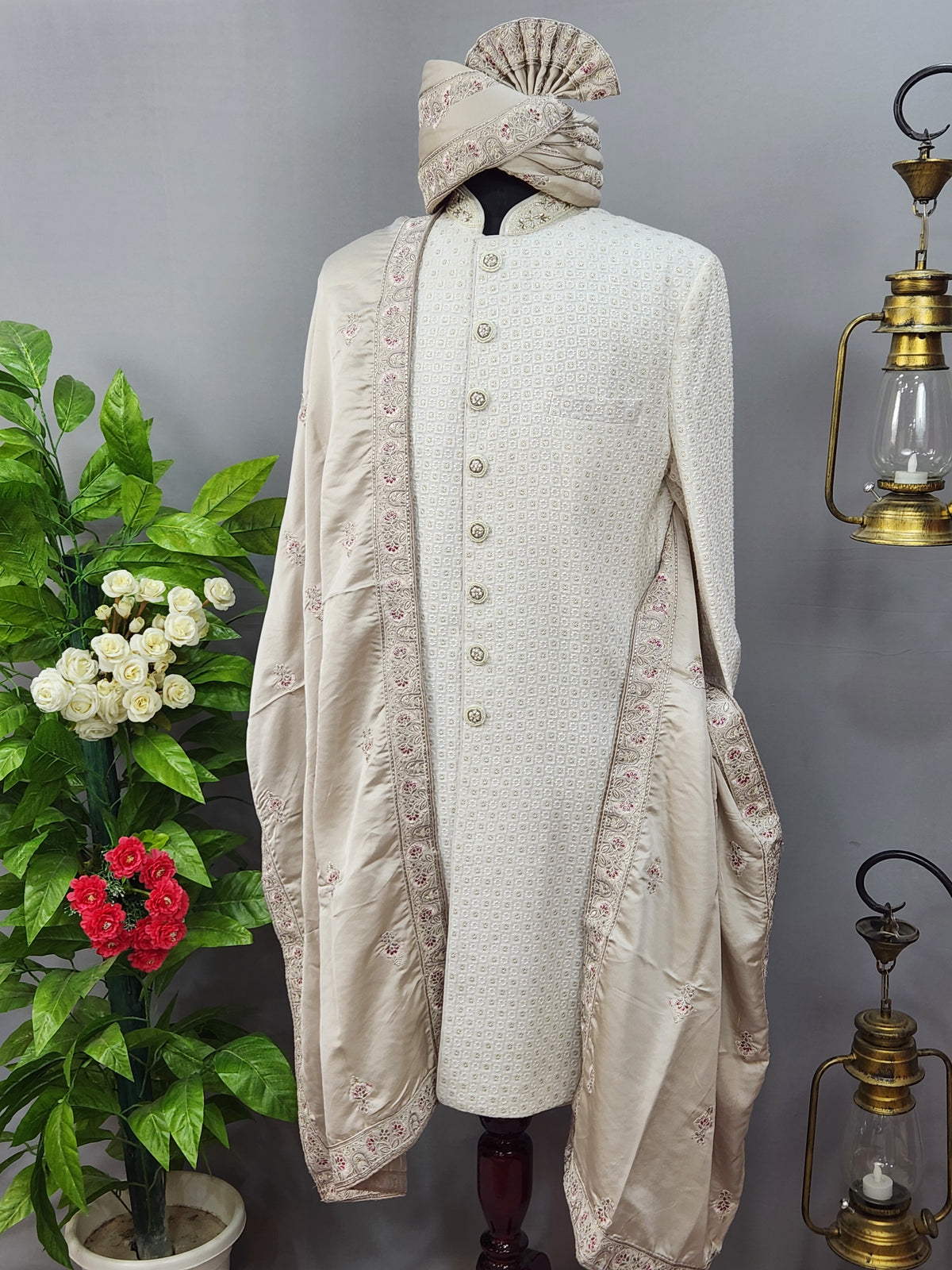 Lavender Groom Turban Shawl Set With Red Touch Up | Dupatta Safa Set For Men