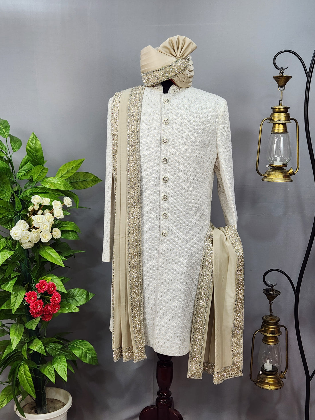 Champagne Golden Groom Turban Shawl | Dupatta Safa Set For Men
