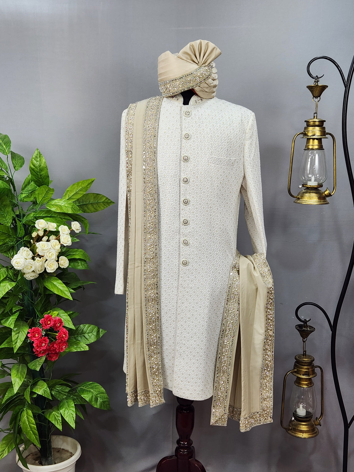 Champagne Golden Groom Turban Shawl | Dupatta Safa Set For Men