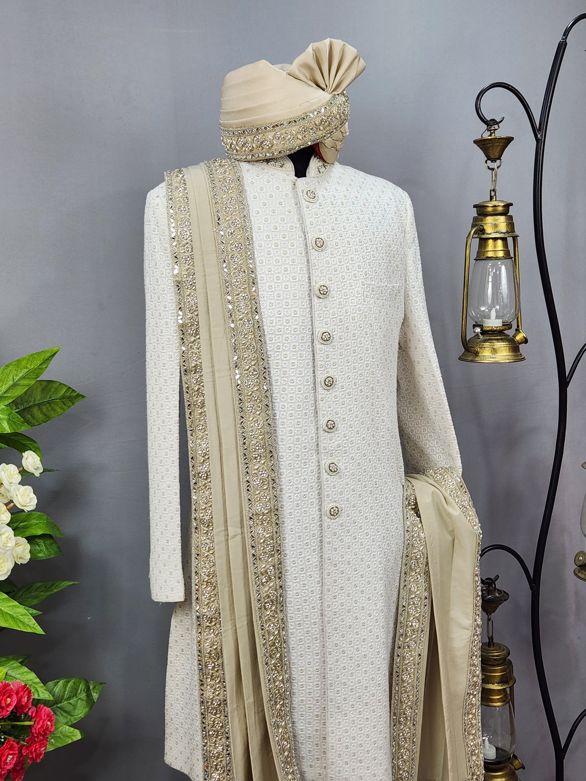 Champagne Golden Groom Turban Shawl | Dupatta Safa Set For Men