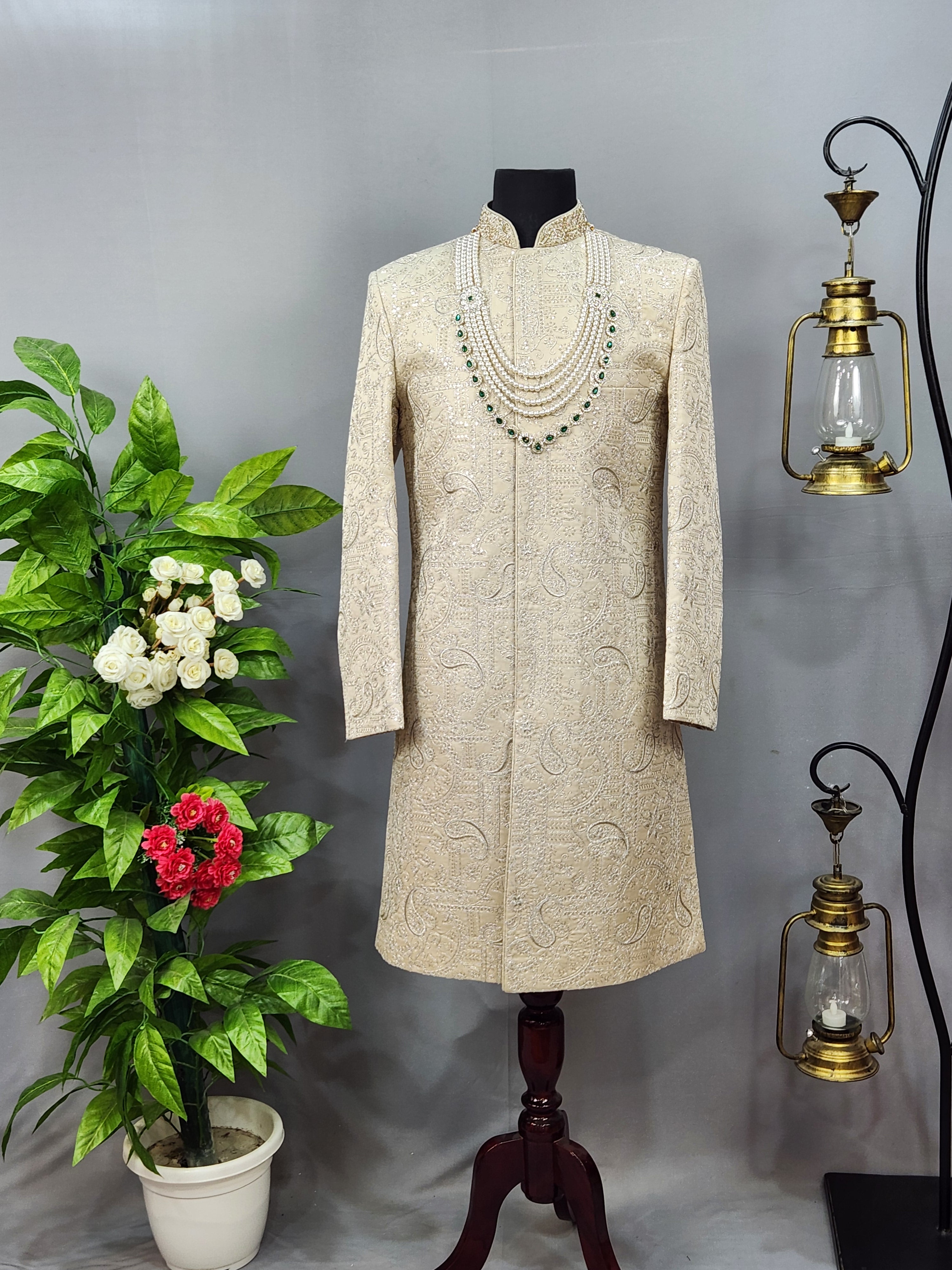 Champagne Golden Wedding Groom Sherwani - Royal Design  | Sherwani For Men