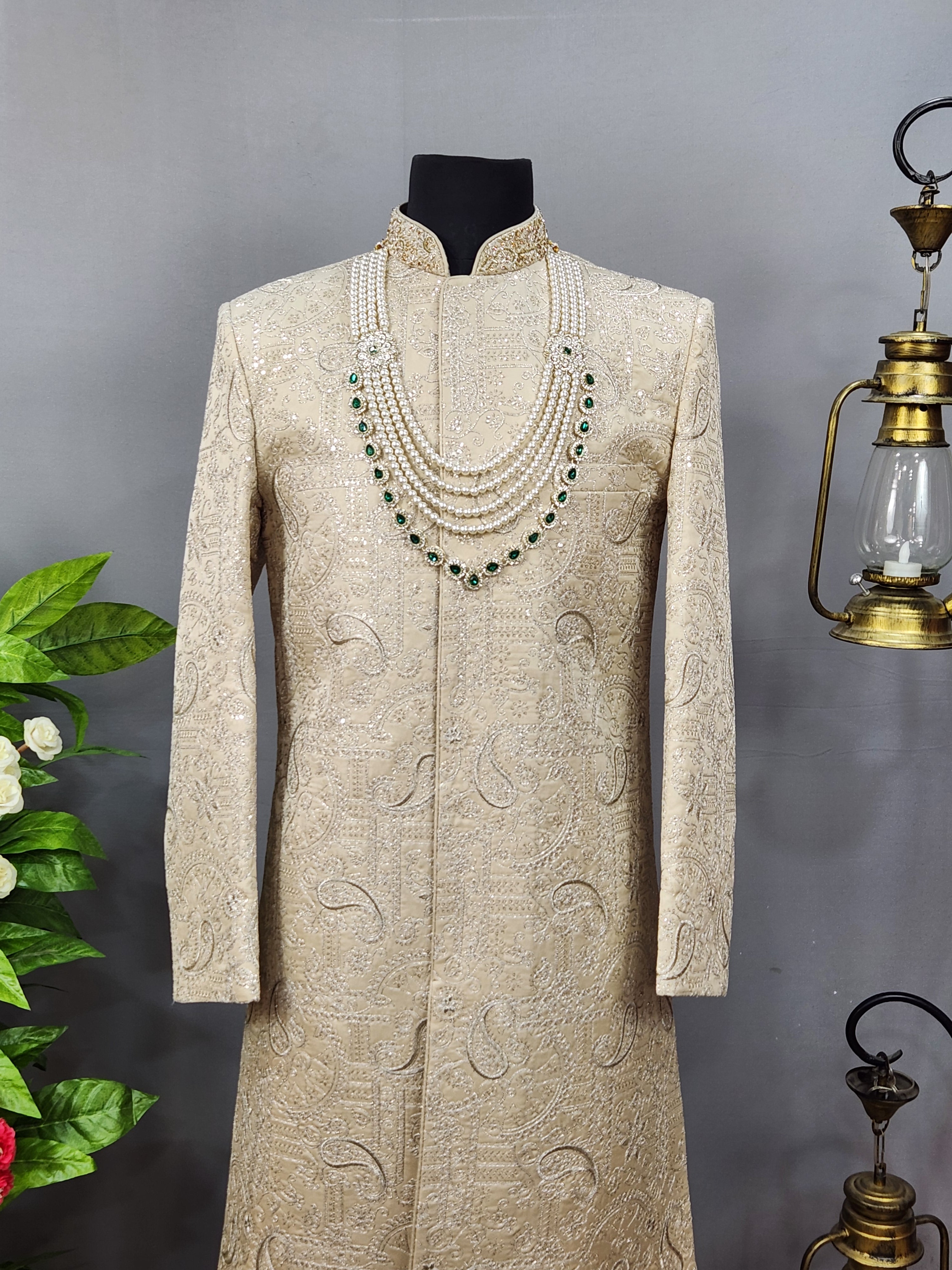 Champagne Golden Wedding Groom Sherwani - Royal Design  | Sherwani For Men