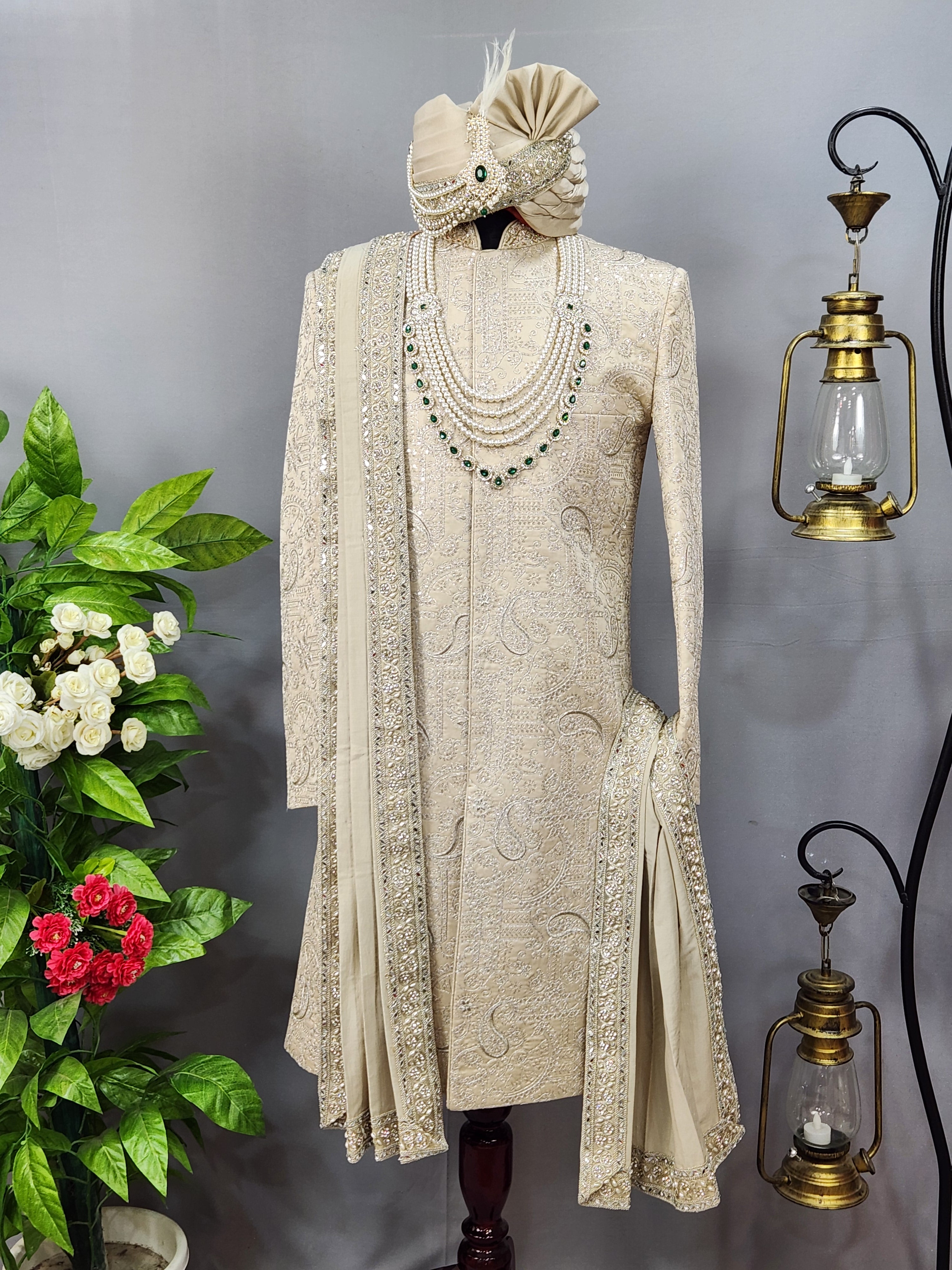 Champagne Golden Wedding Groom Sherwani - Royal Design  | Sherwani For Men