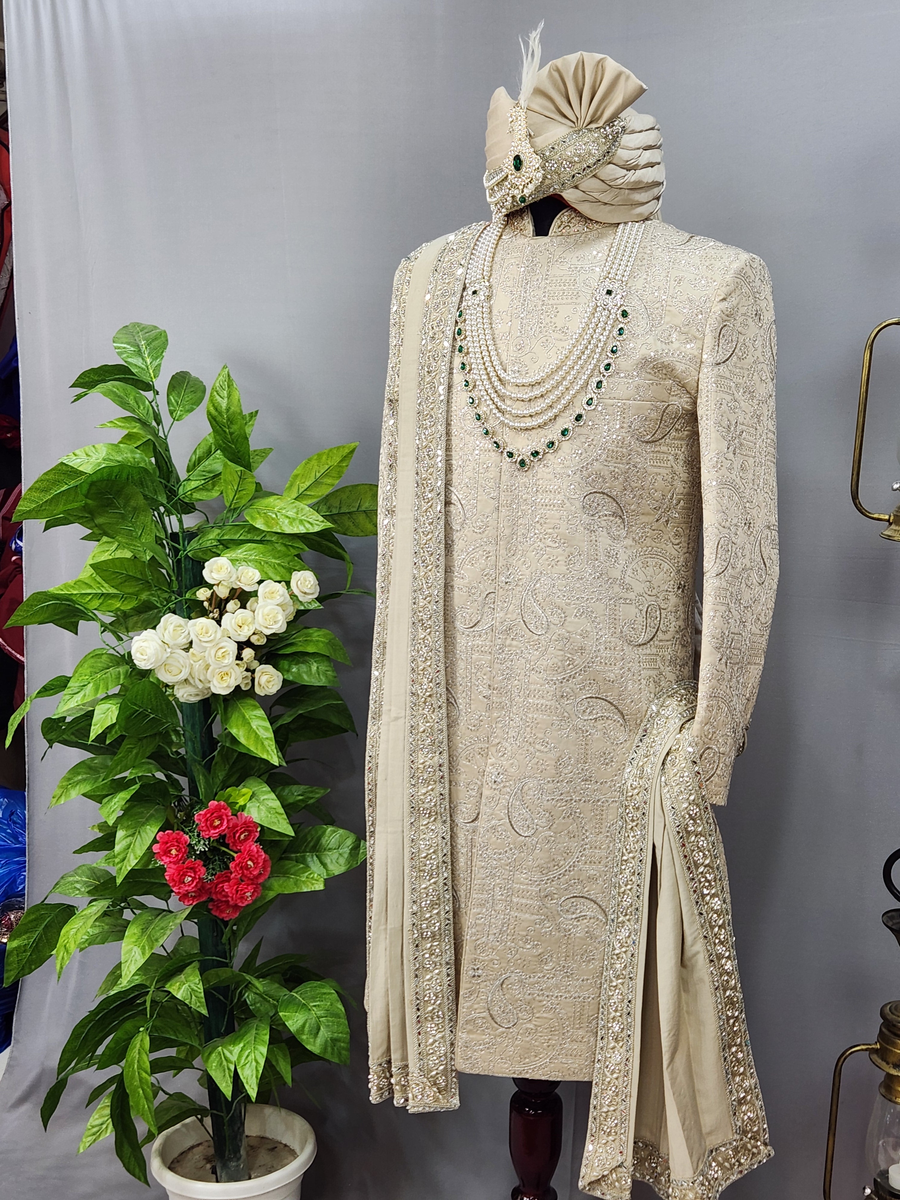 Champagne Golden Wedding Groom Sherwani - Royal Design  | Sherwani For Men