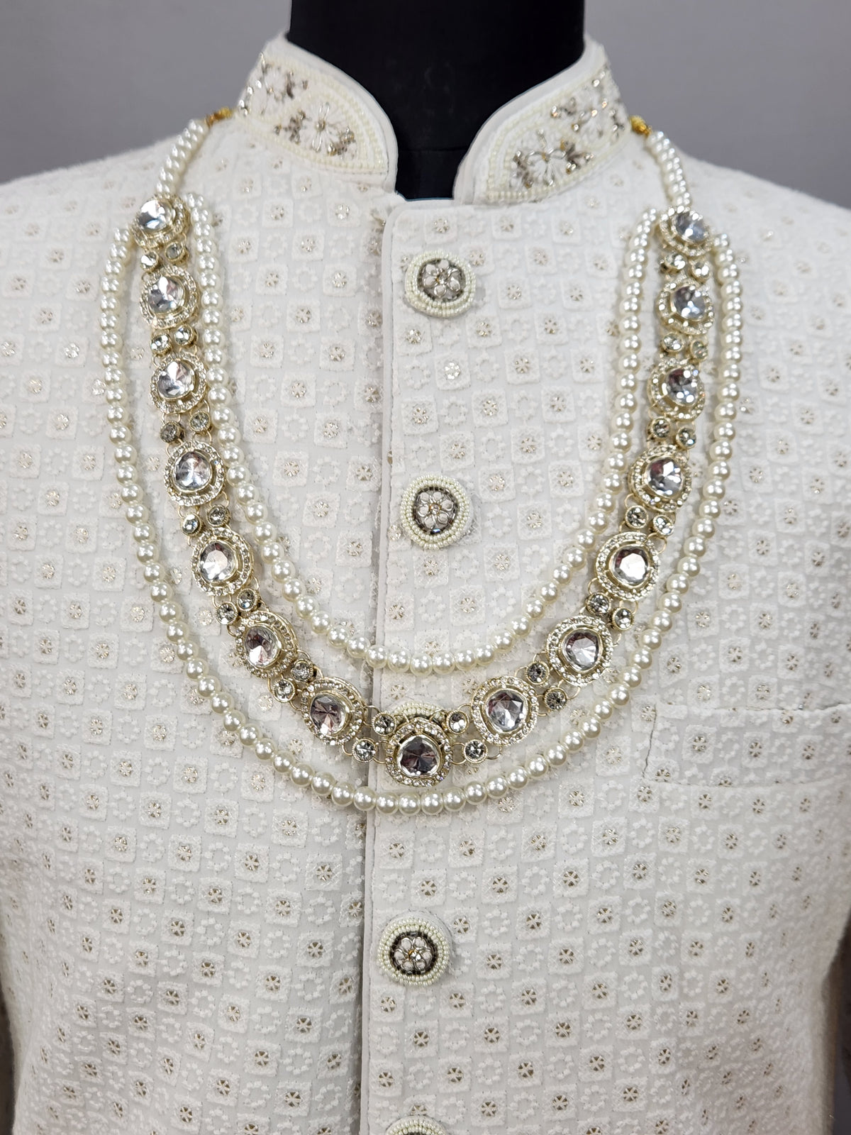 White Pearl Necklace Groom - Diamond Brooch | Wedding Mala For Sherwani