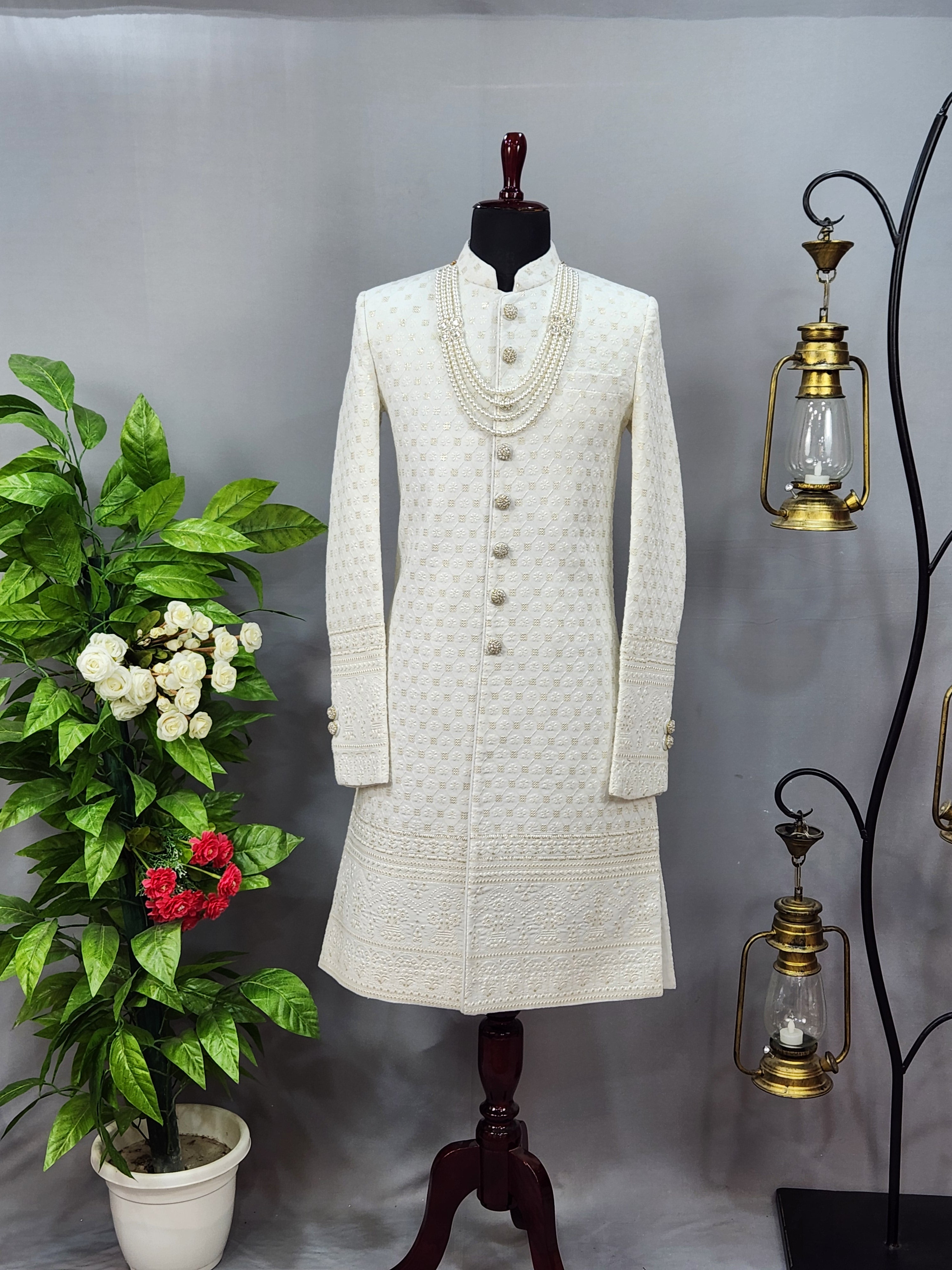 White Wedding Groom Sherwani - Soft Georgette Fabric | Sherwani For Men