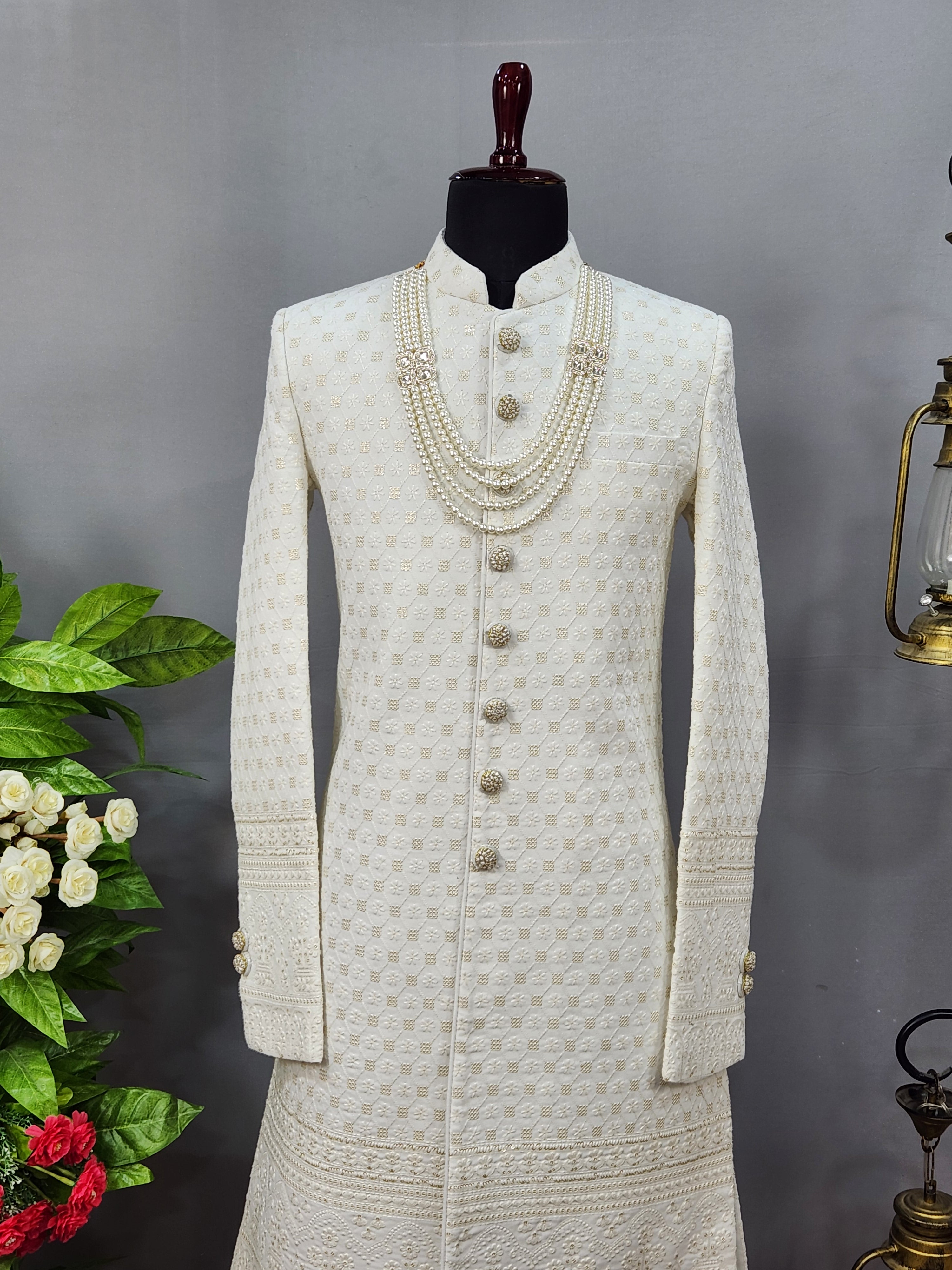 White Wedding Groom Sherwani - Soft Georgette Fabric | Sherwani For Men