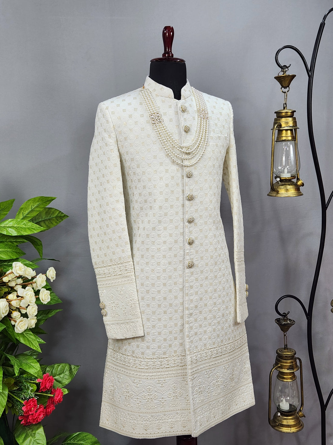 White Wedding Groom Sherwani - Soft Georgette Fabric | Sherwani For Men