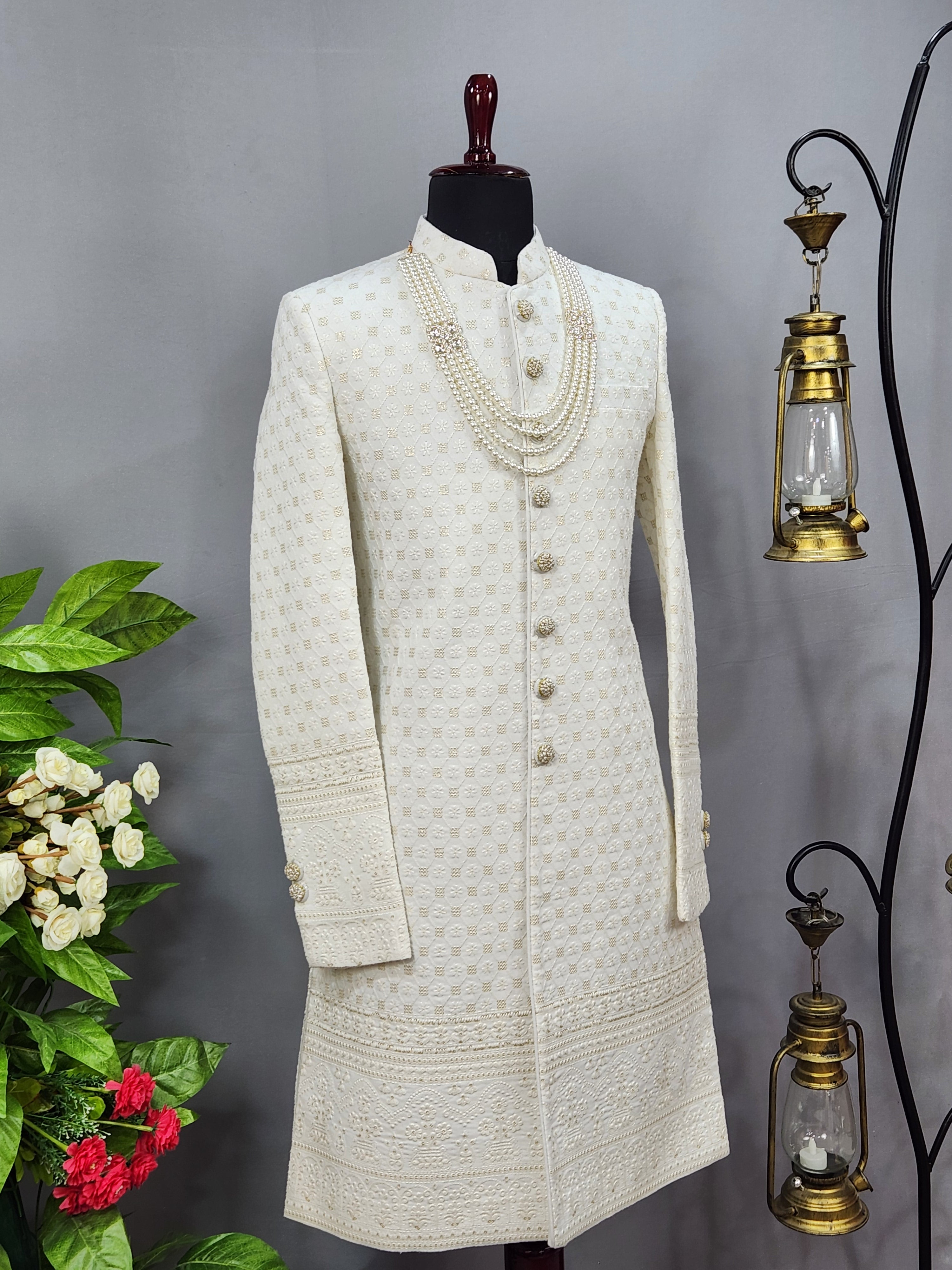 White Wedding Groom Sherwani - Soft Georgette Fabric | Sherwani For Men