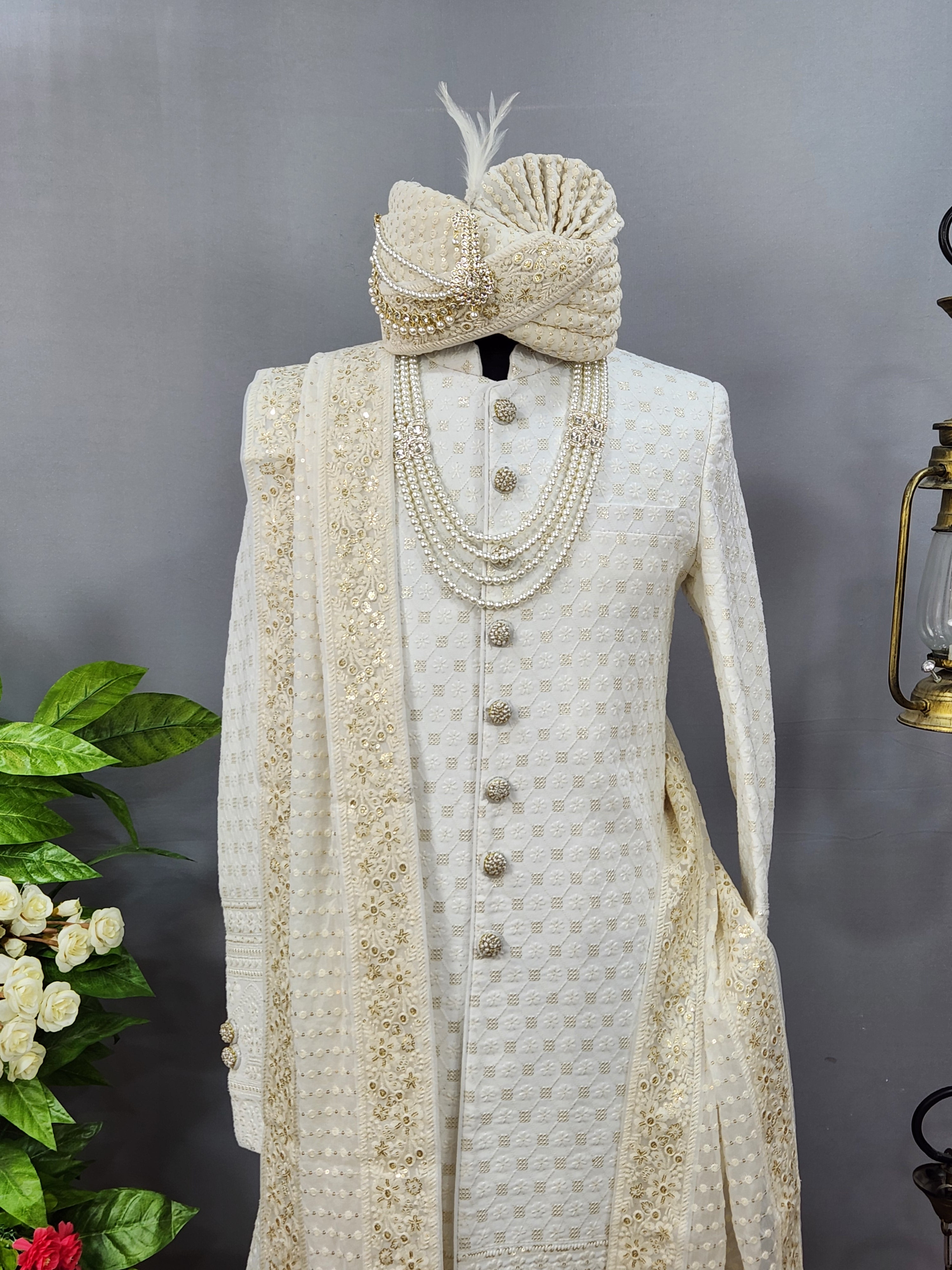 White Wedding Groom Sherwani - Soft Georgette Fabric | Sherwani For Men