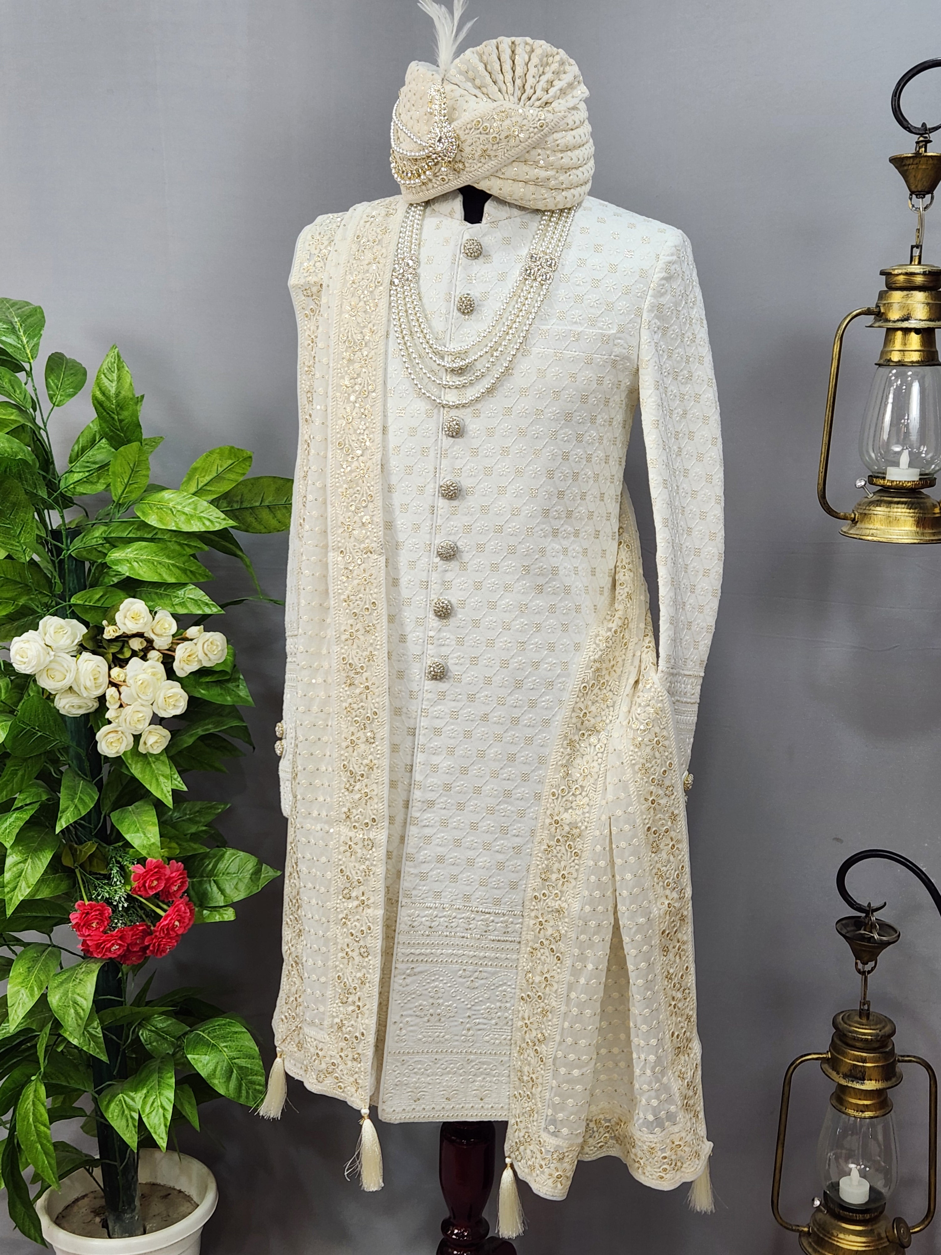 White Wedding Groom Sherwani - Soft Georgette Fabric | Sherwani For Men