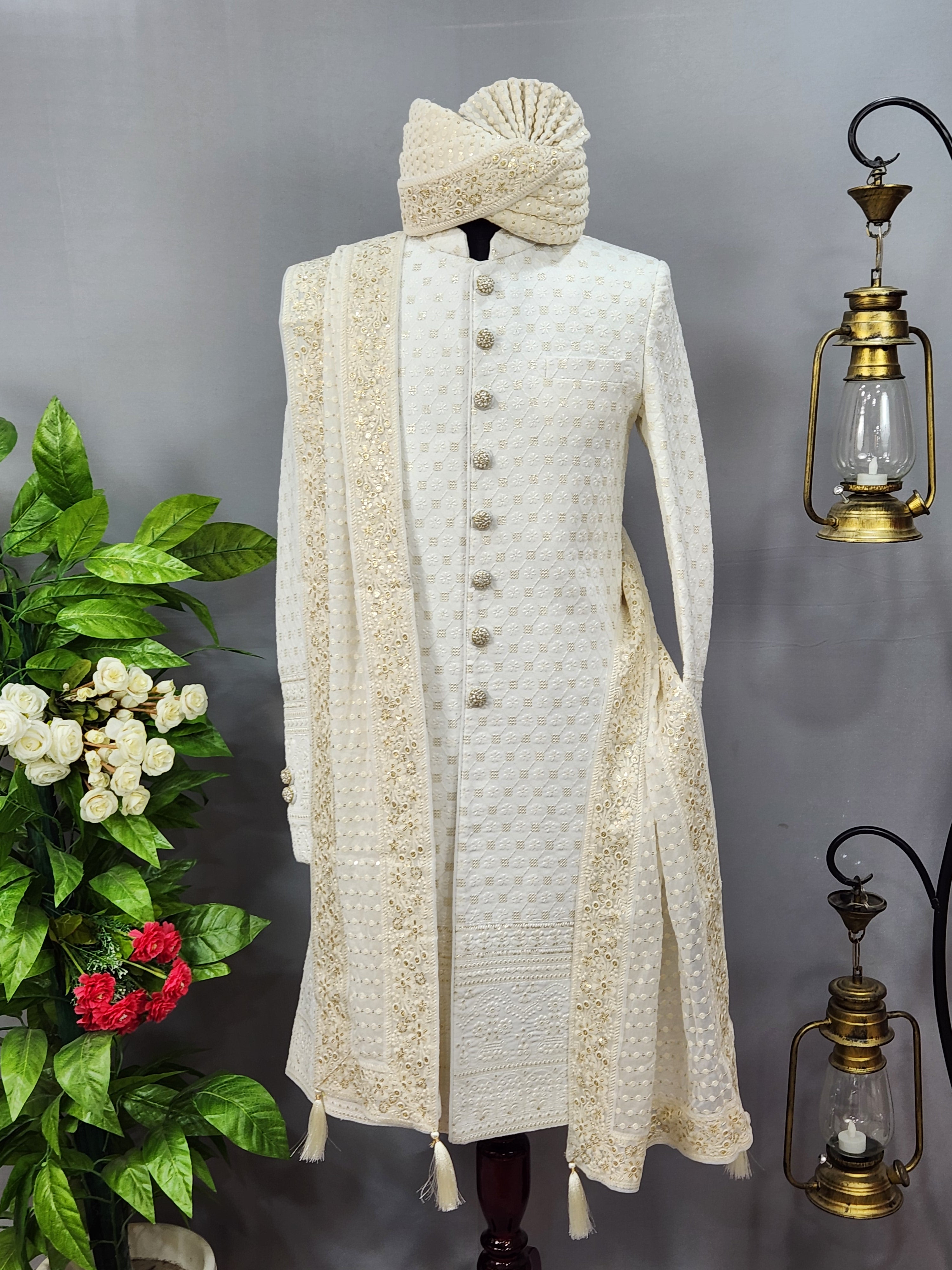 White Wedding Groom Sherwani - Soft Georgette Fabric | Sherwani For Men