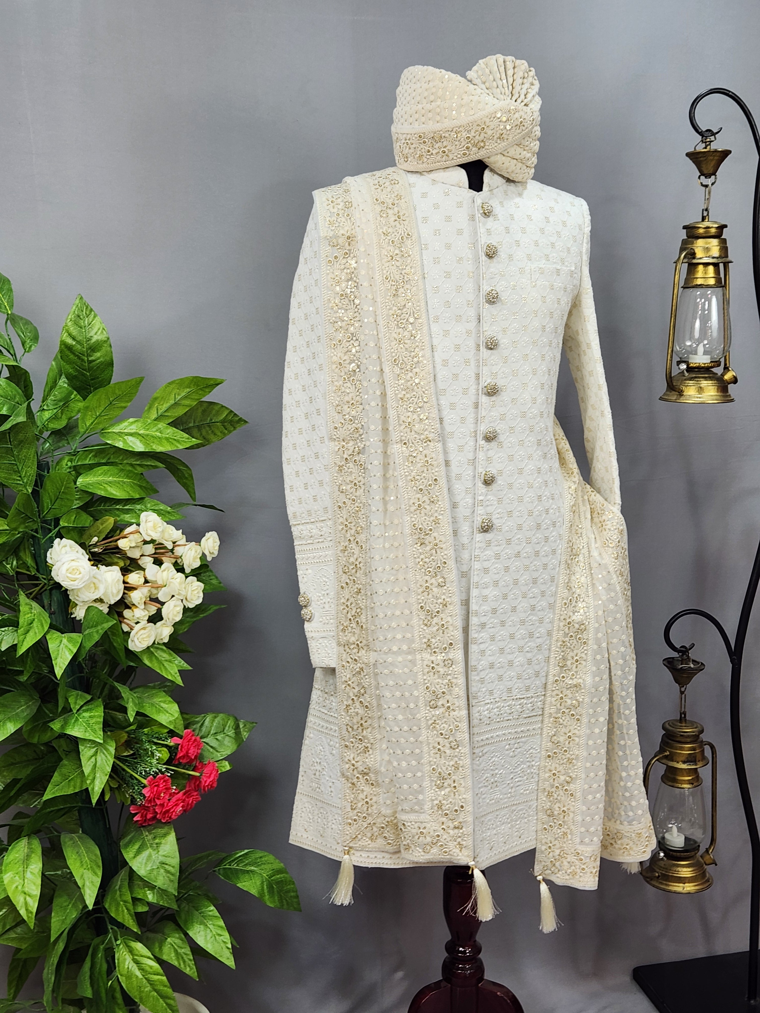 White Wedding Groom Sherwani - Soft Georgette Fabric | Sherwani For Men