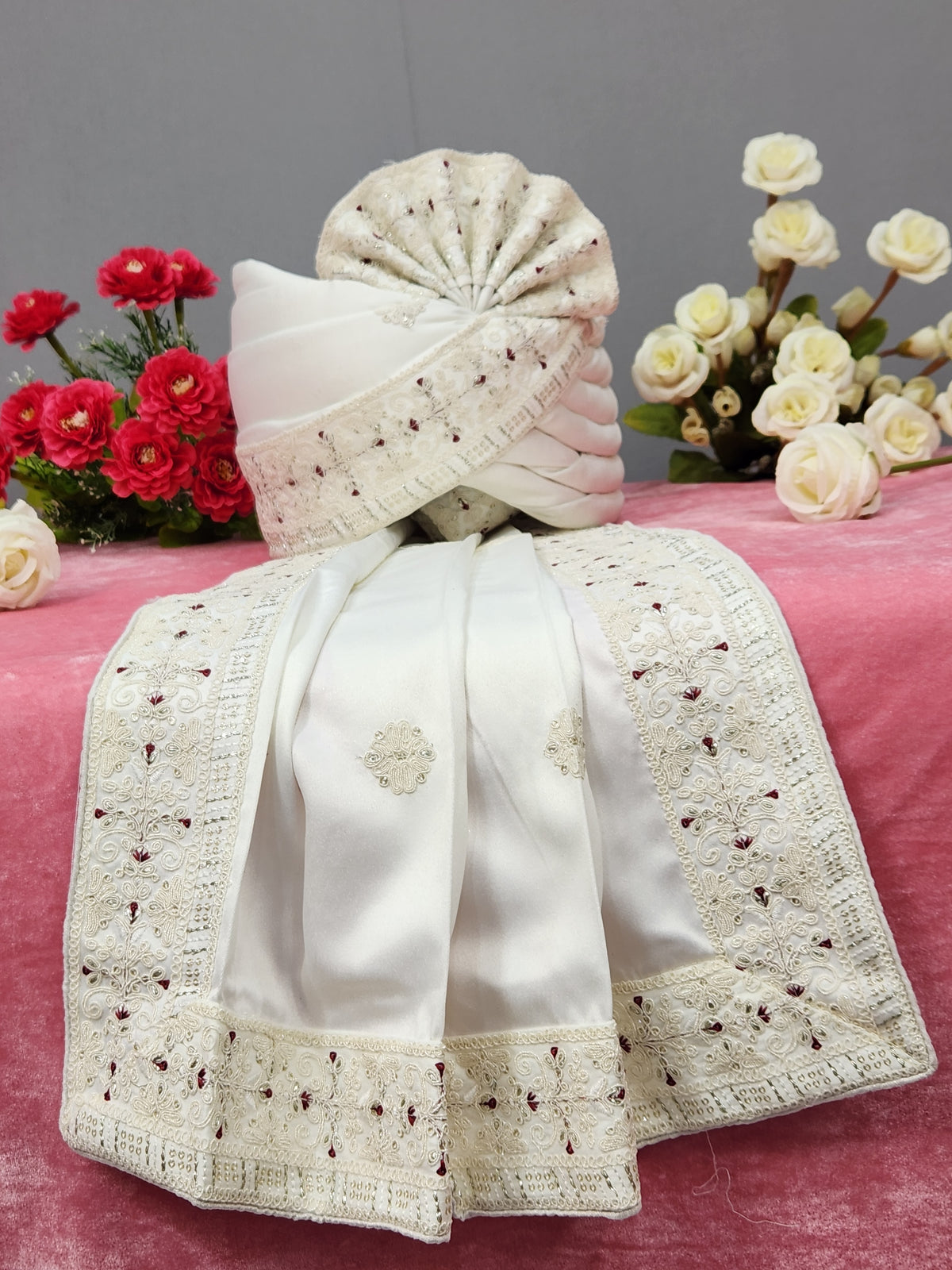 White Groom Turban Shawl With Red Touch Up | Dupatta Safa Set For Men