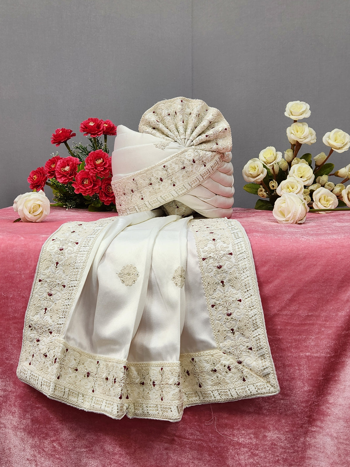 White Groom Turban Shawl With Red Touch Up | Dupatta Safa Set For Men