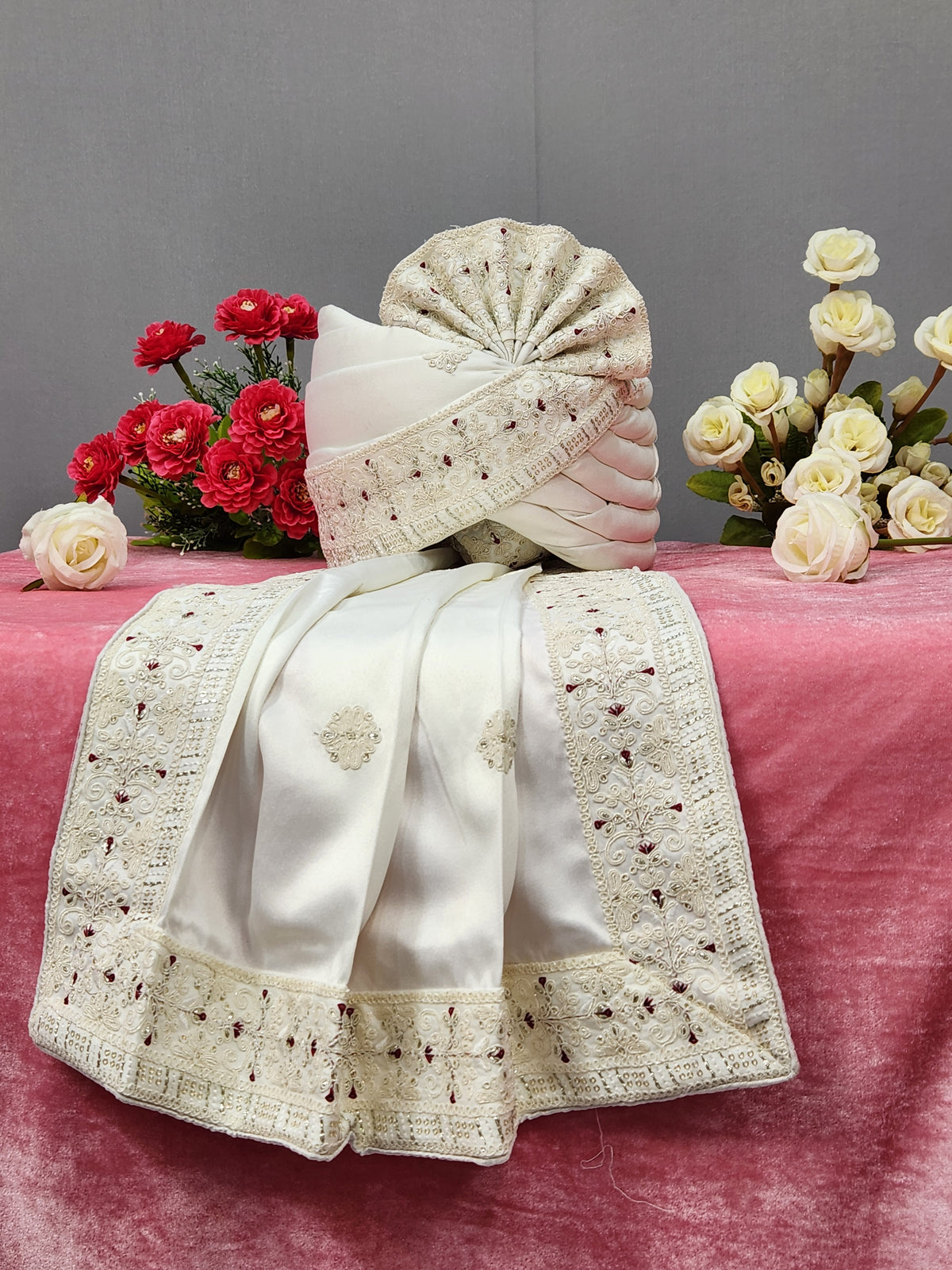 White Groom Turban Shawl With Red Touch Up | Dupatta Safa Set For Men