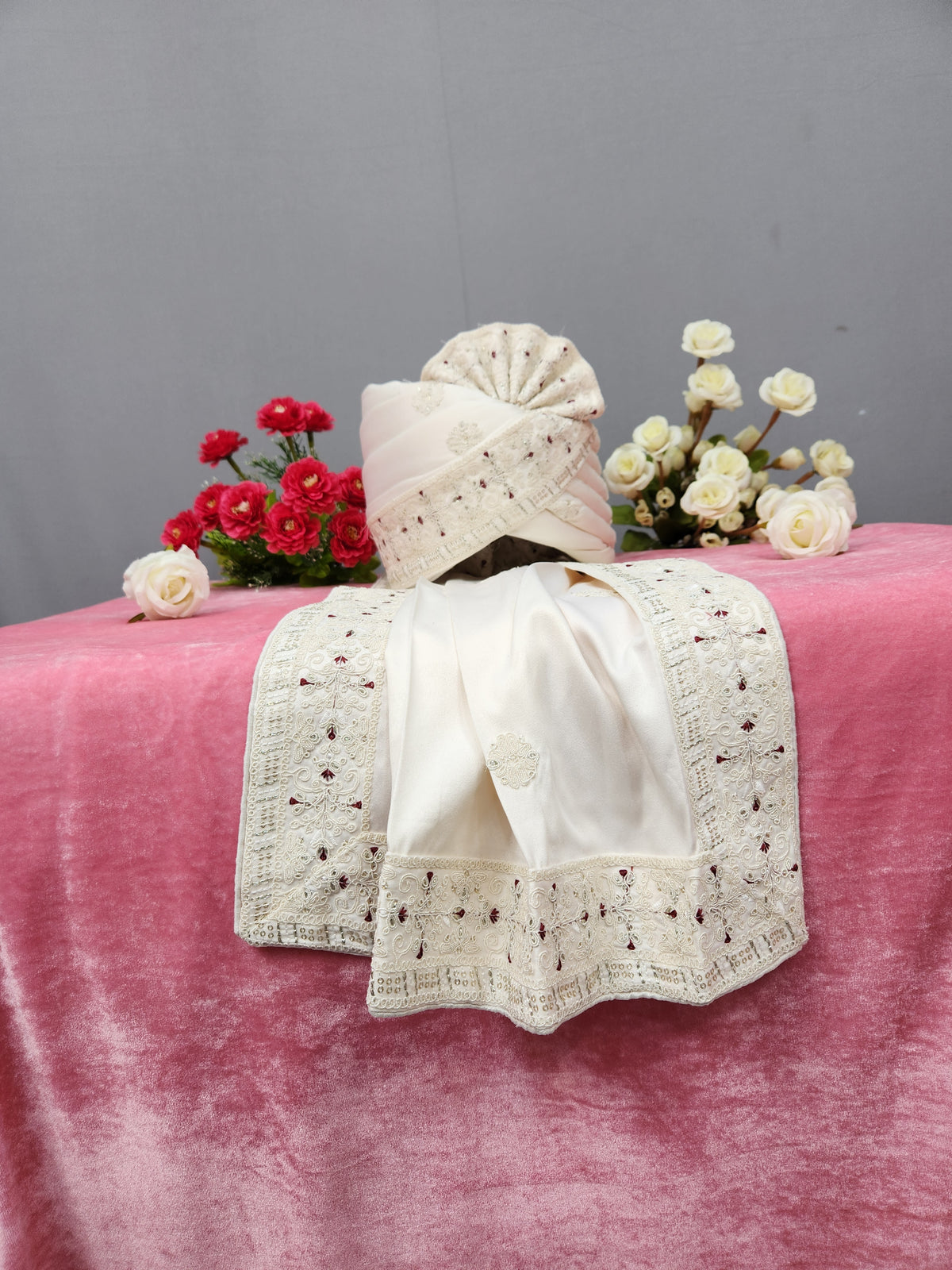 White Groom Turban Shawl With Red Touch Up | Dupatta Safa Set For Men