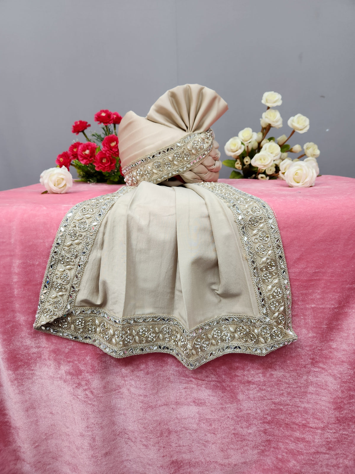 Champagne Golden Groom Turban Shawl | Dupatta Safa Set For Men