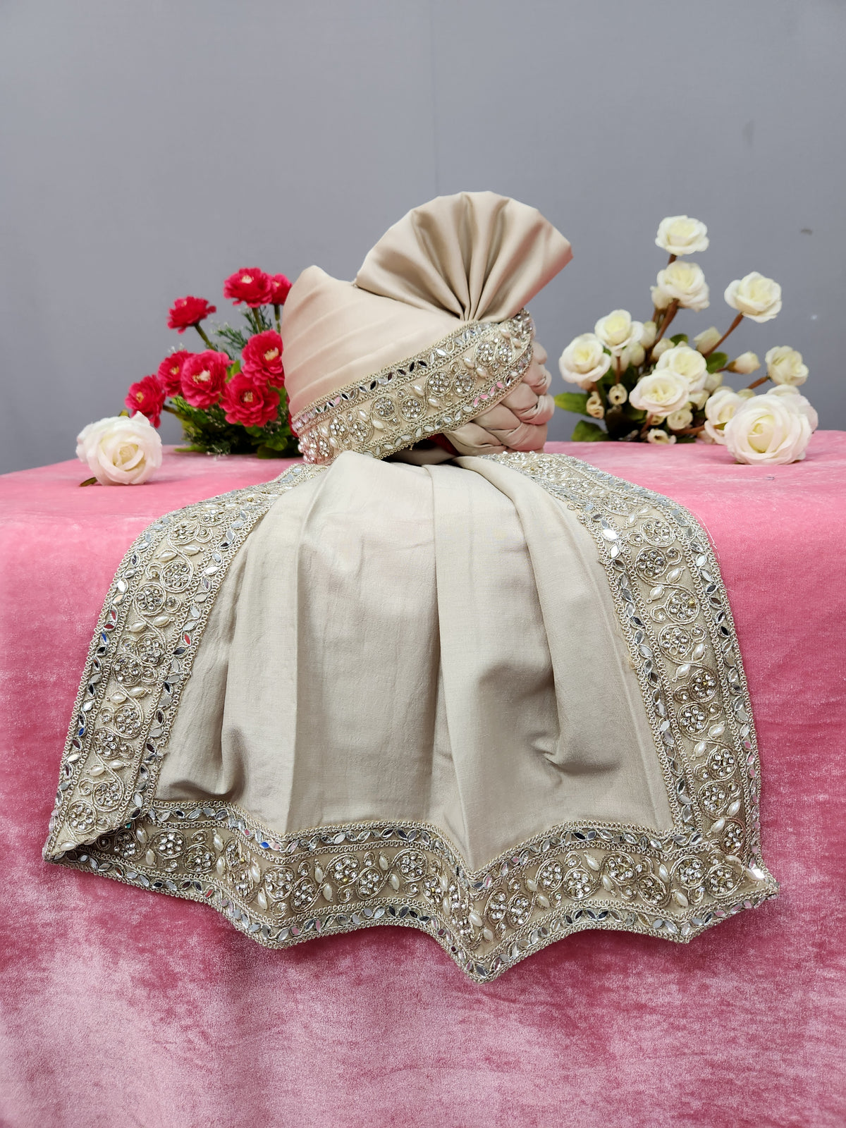 Champagne Golden Groom Turban Shawl | Dupatta Safa Set For Men