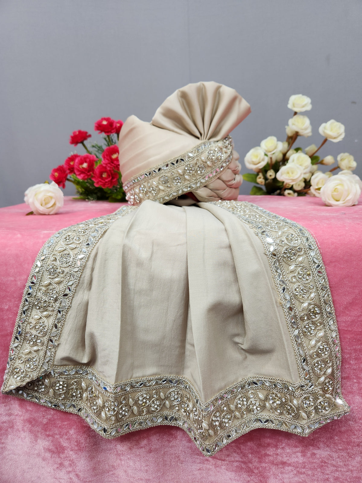 Champagne Golden Groom Turban Shawl | Dupatta Safa Set For Men