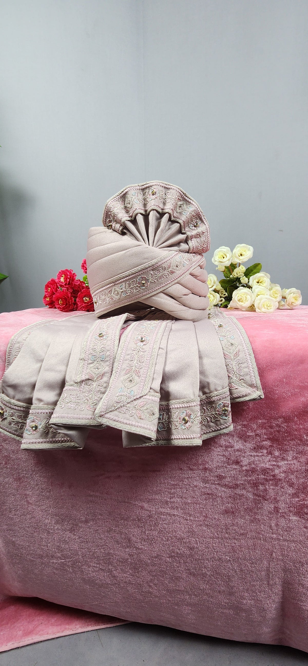 Dusty Rose Groom Turban Shawl With Stone Work | Dupatta Safa Set For Men