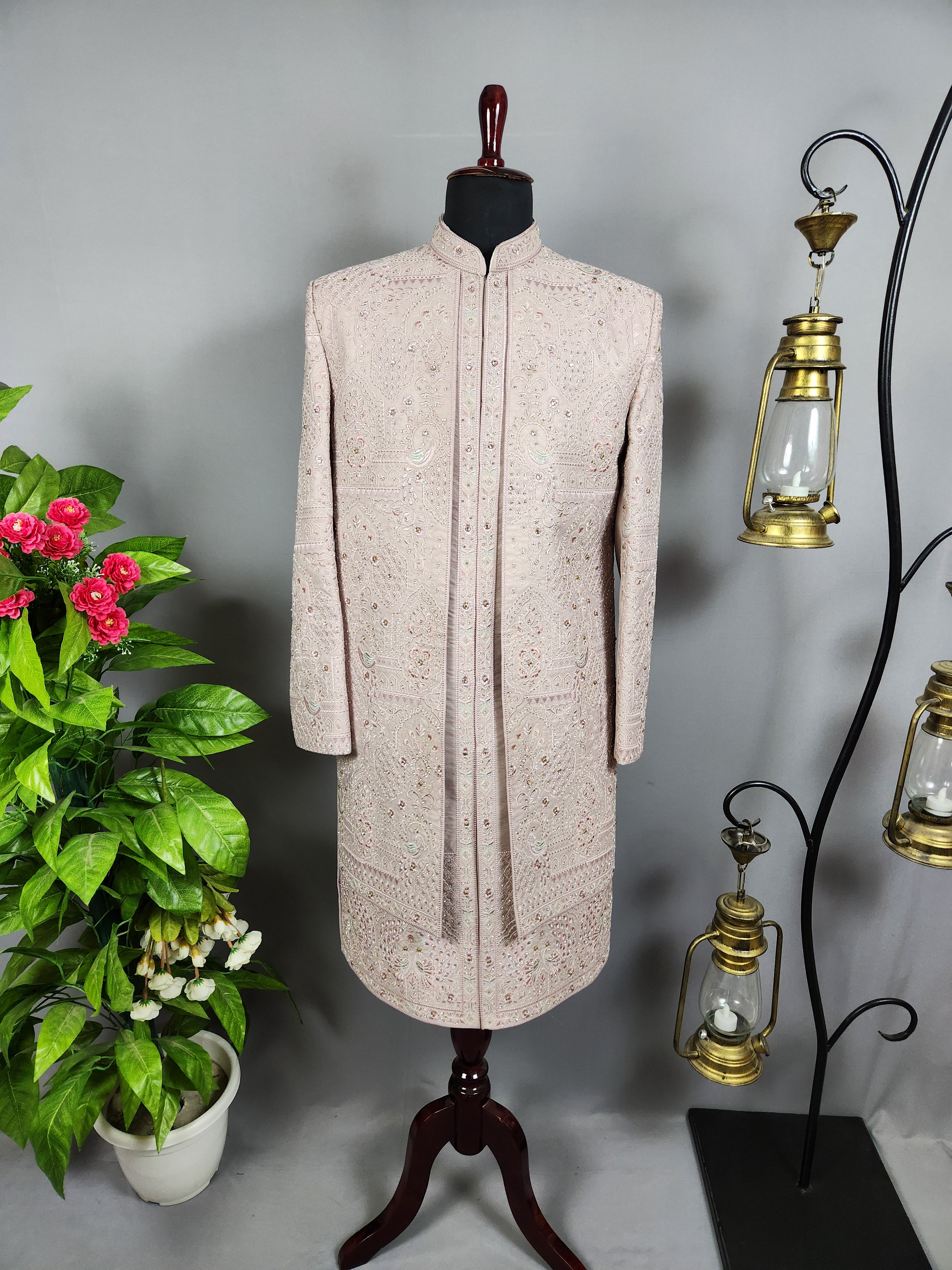 Dusty Rose Gold Wedding Groom Sherwani - 2 layer Diamond Studded | Sherwani For Men