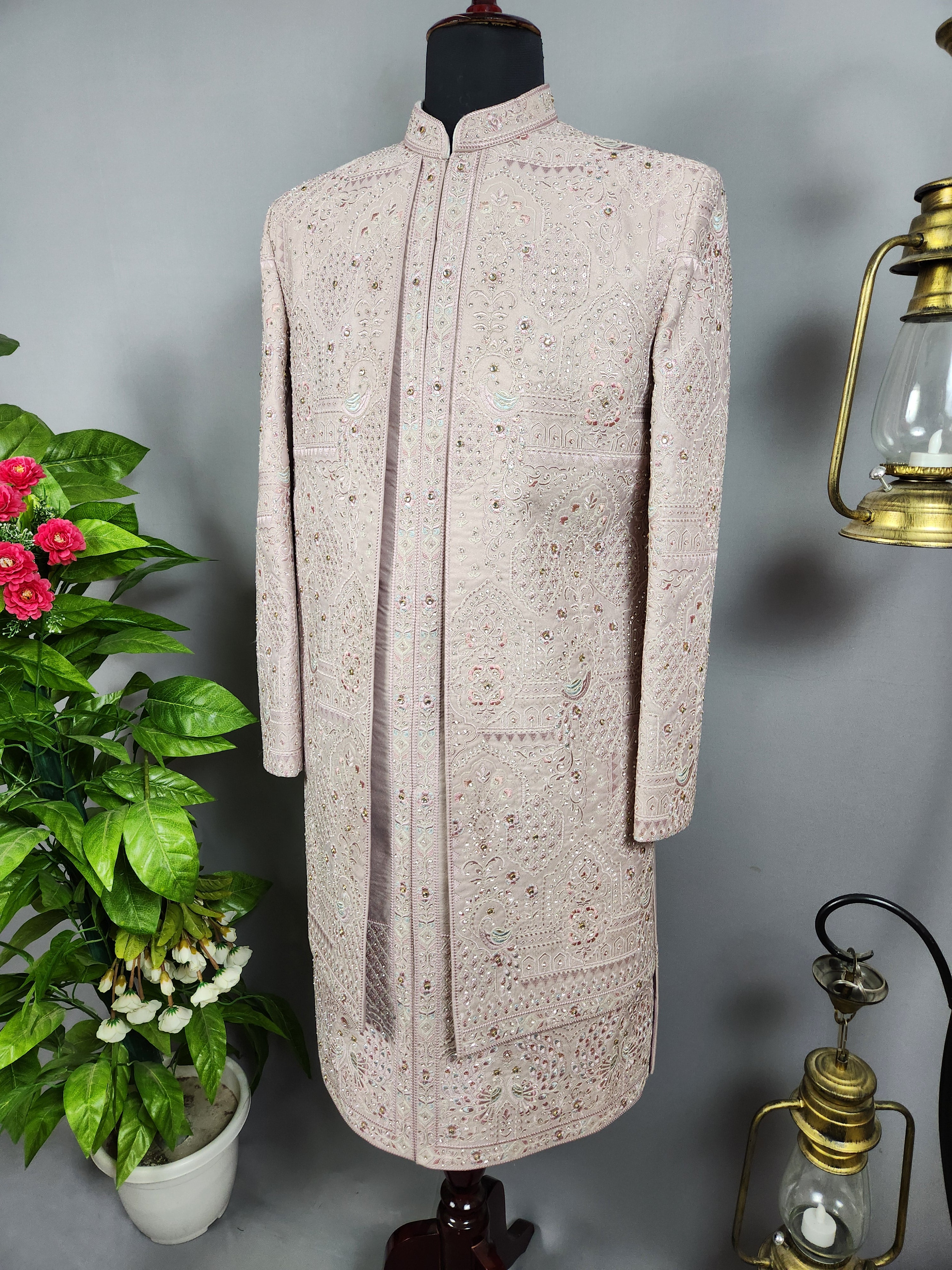Dusty Rose Gold Wedding Groom Sherwani - 2 layer Diamond Studded | Sherwani For Men