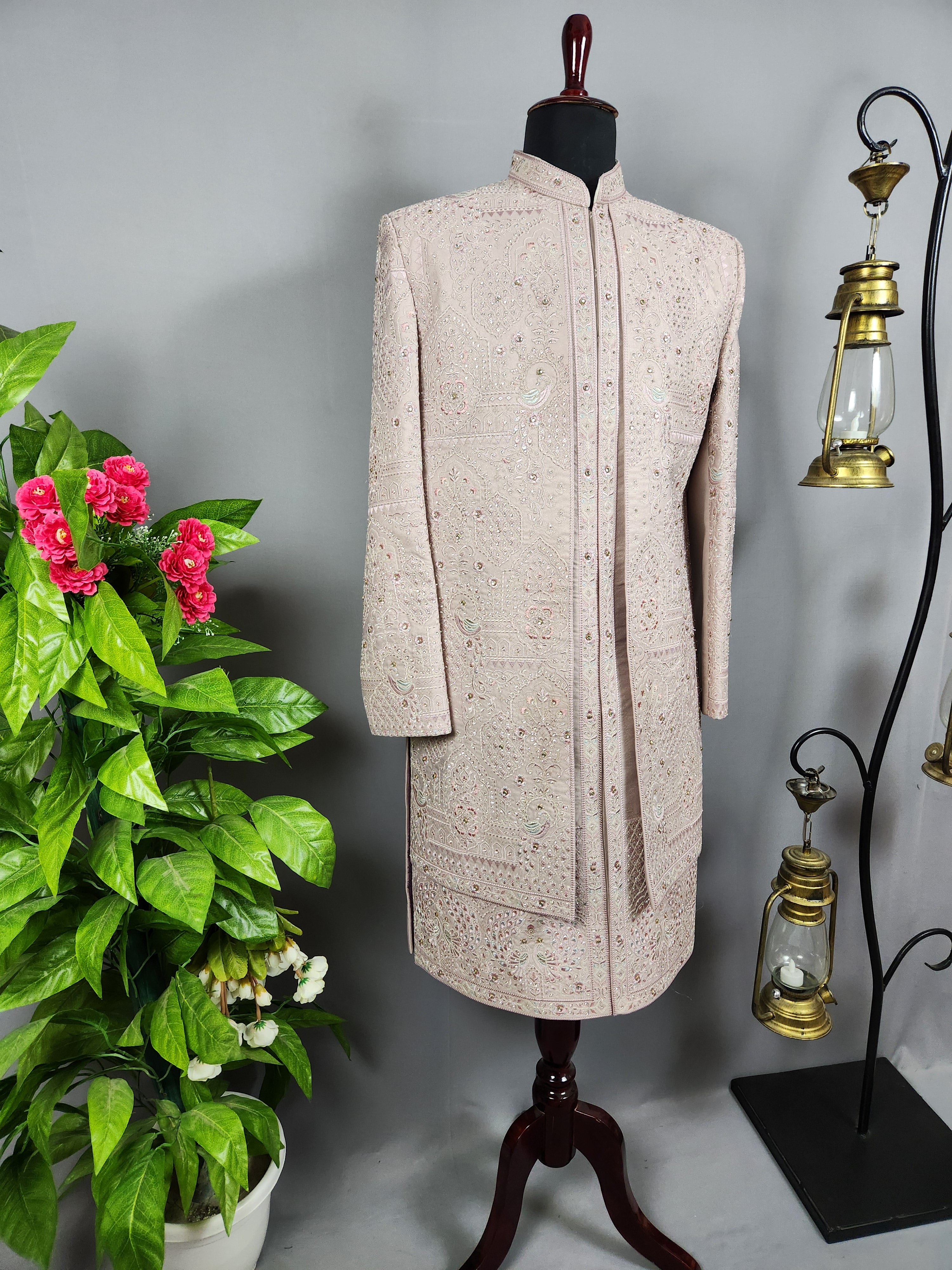 Dusty Rose Gold Wedding Groom Sherwani - 2 layer Diamond Studded | Sherwani For Men
