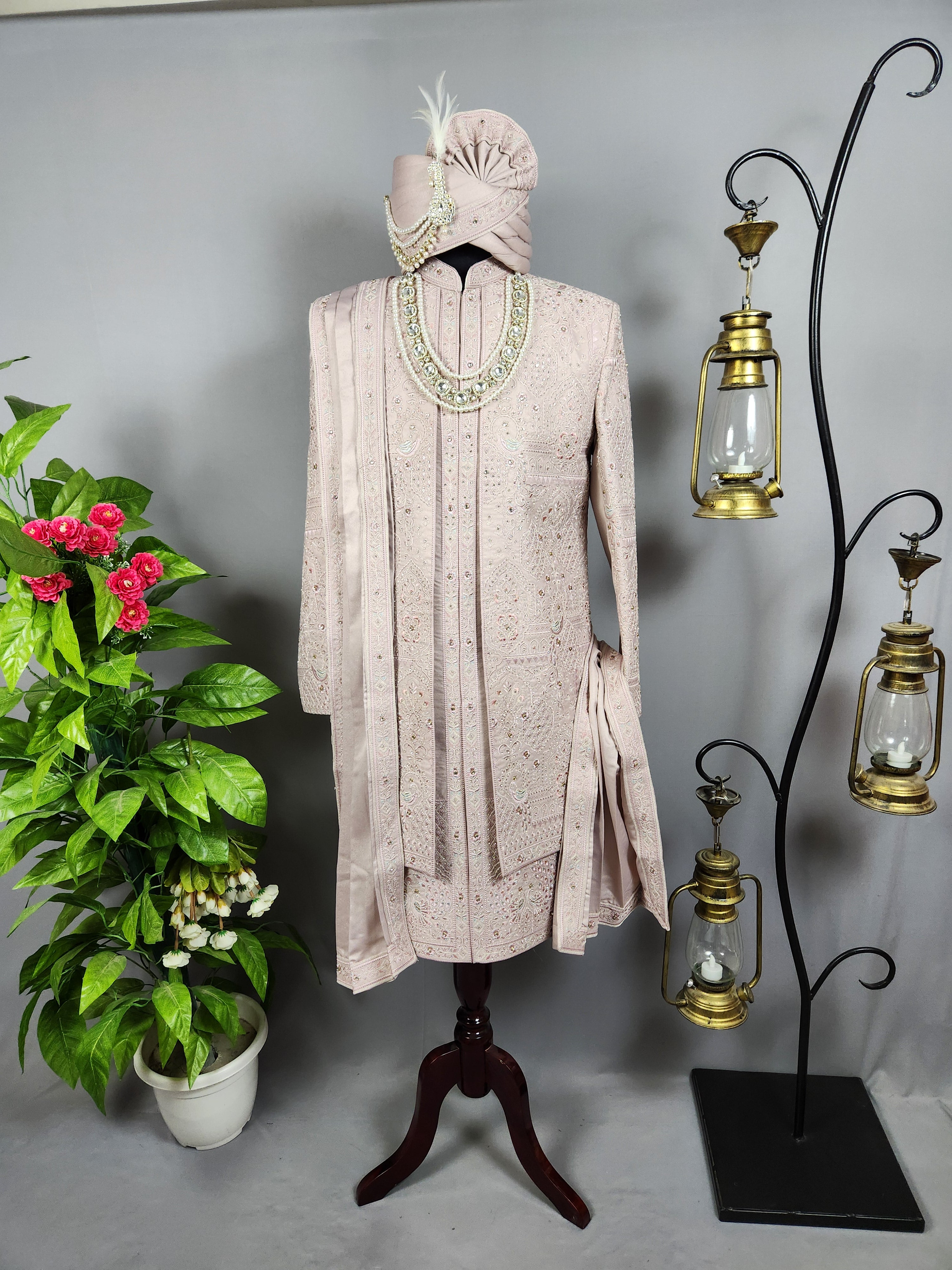 Dusty Rose Gold Wedding Groom Sherwani - 2 layer Diamond Studded | Sherwani For Men