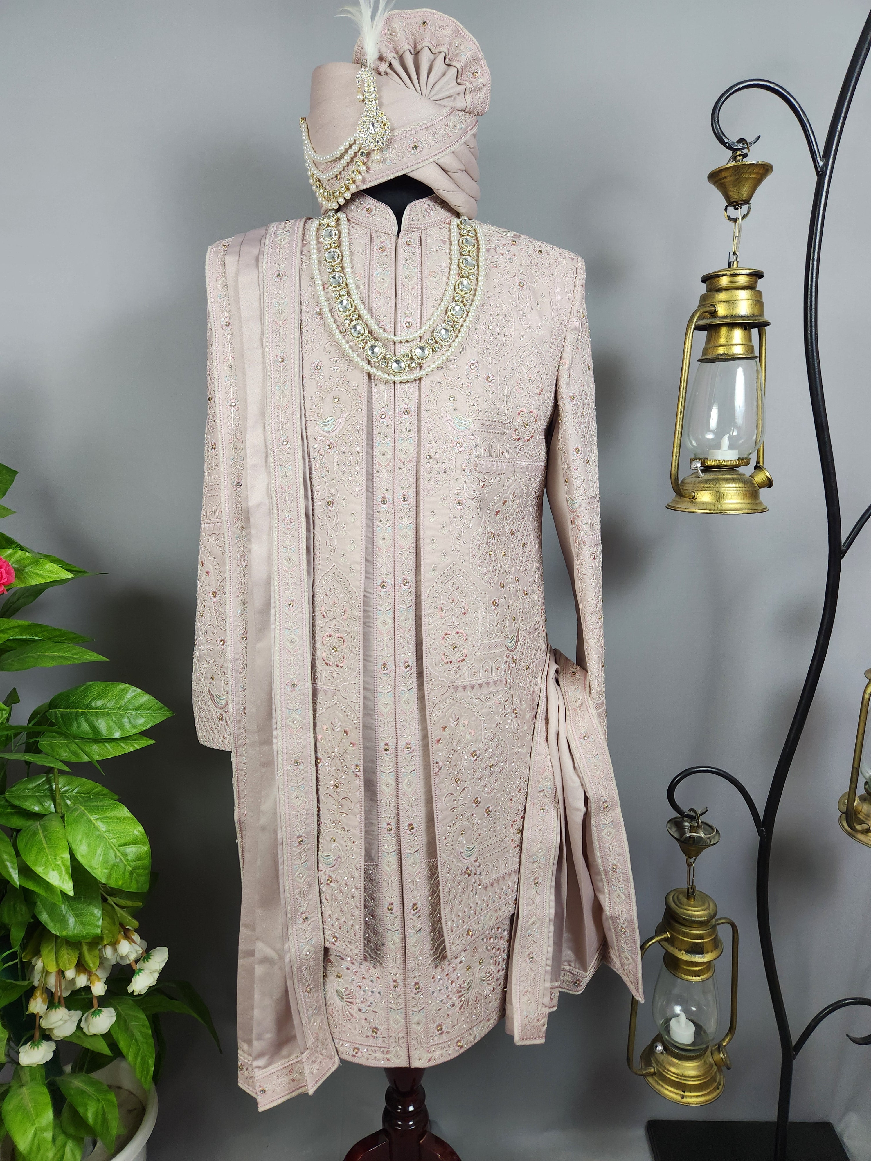 Dusty Rose Gold Wedding Groom Sherwani - 2 layer Diamond Studded | Sherwani For Men