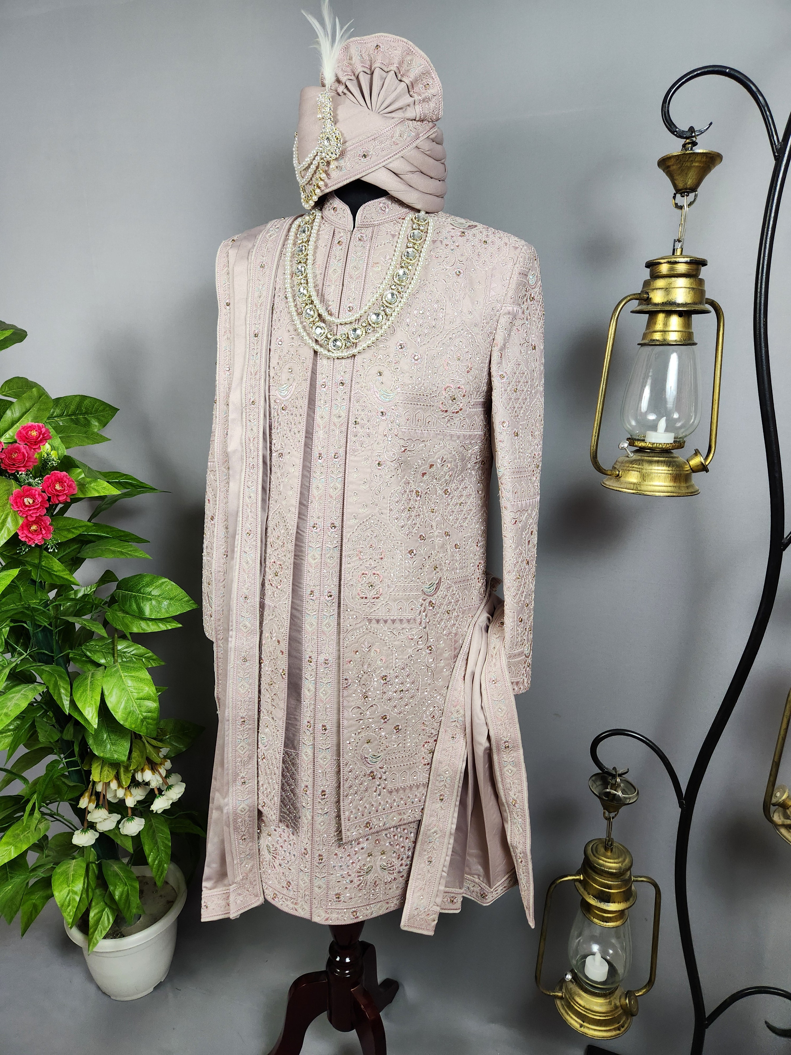 Dusty Rose Gold Wedding Groom Sherwani - 2 layer Diamond Studded | Sherwani For Men