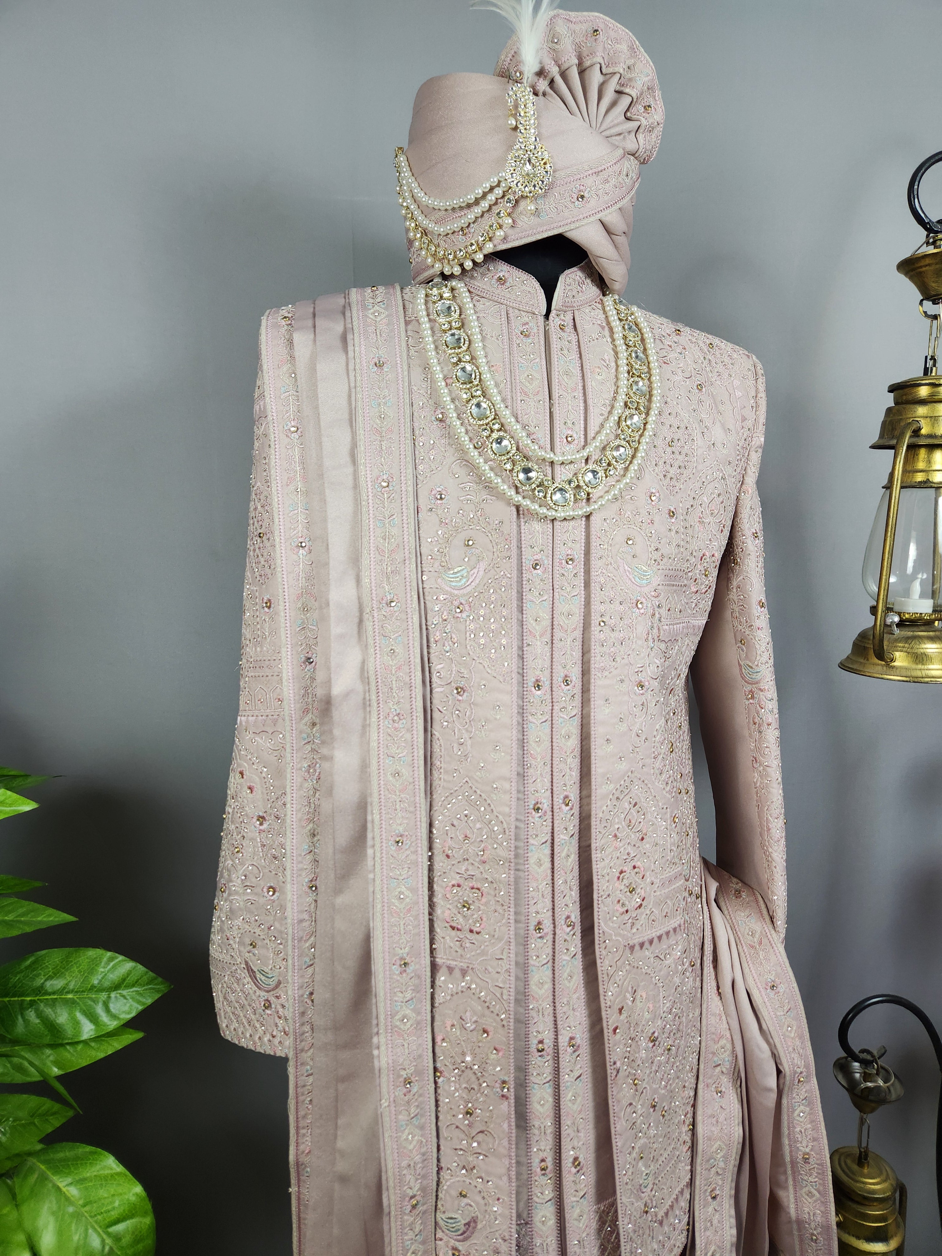 Dusty Rose Gold Wedding Groom Sherwani - 2 layer Diamond Studded | Sherwani For Men