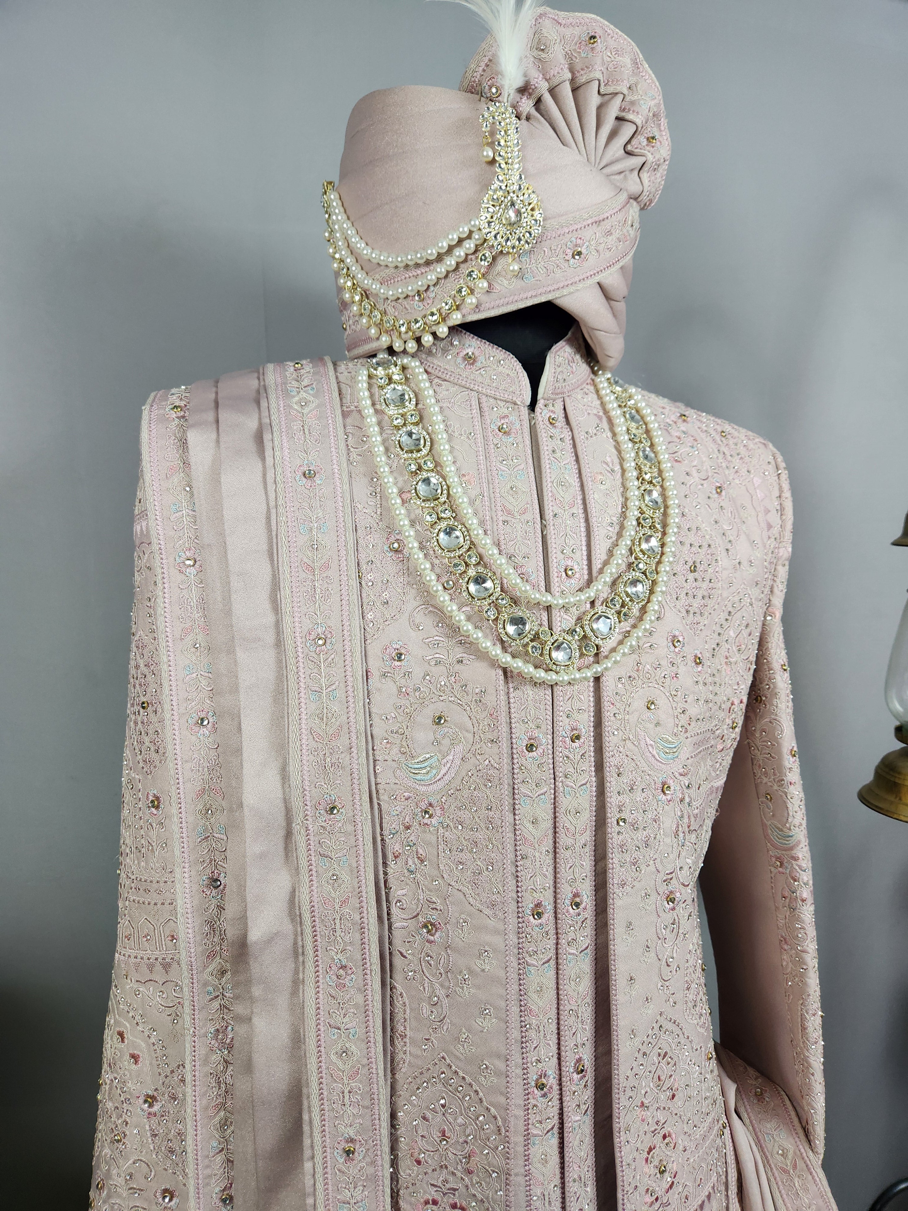 Dusty Rose Gold Wedding Groom Sherwani - 2 layer Diamond Studded | Sherwani For Men