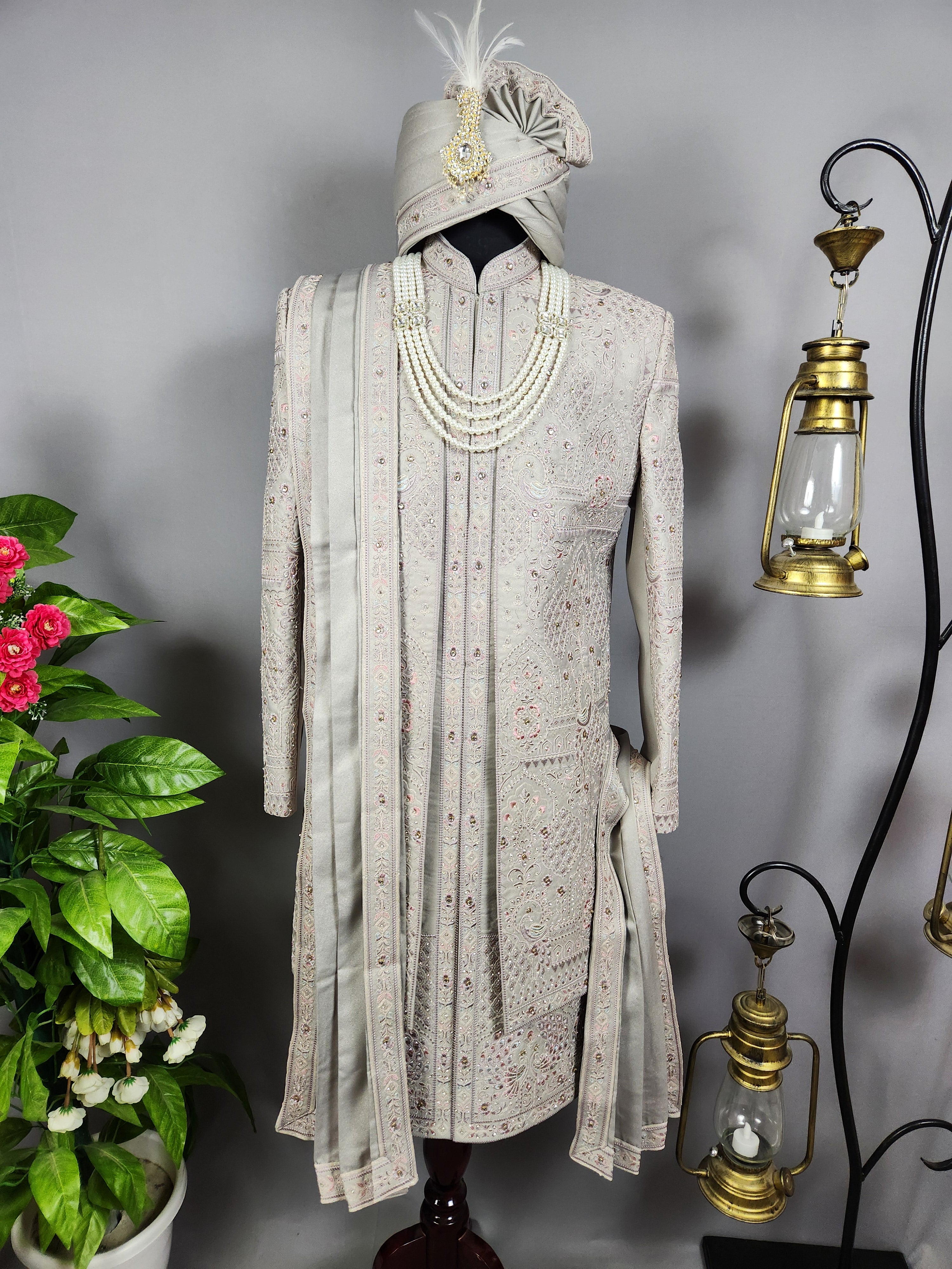 Gray Wedding Groom Sherwani - Diamond Studded Work | Sherwani For Men