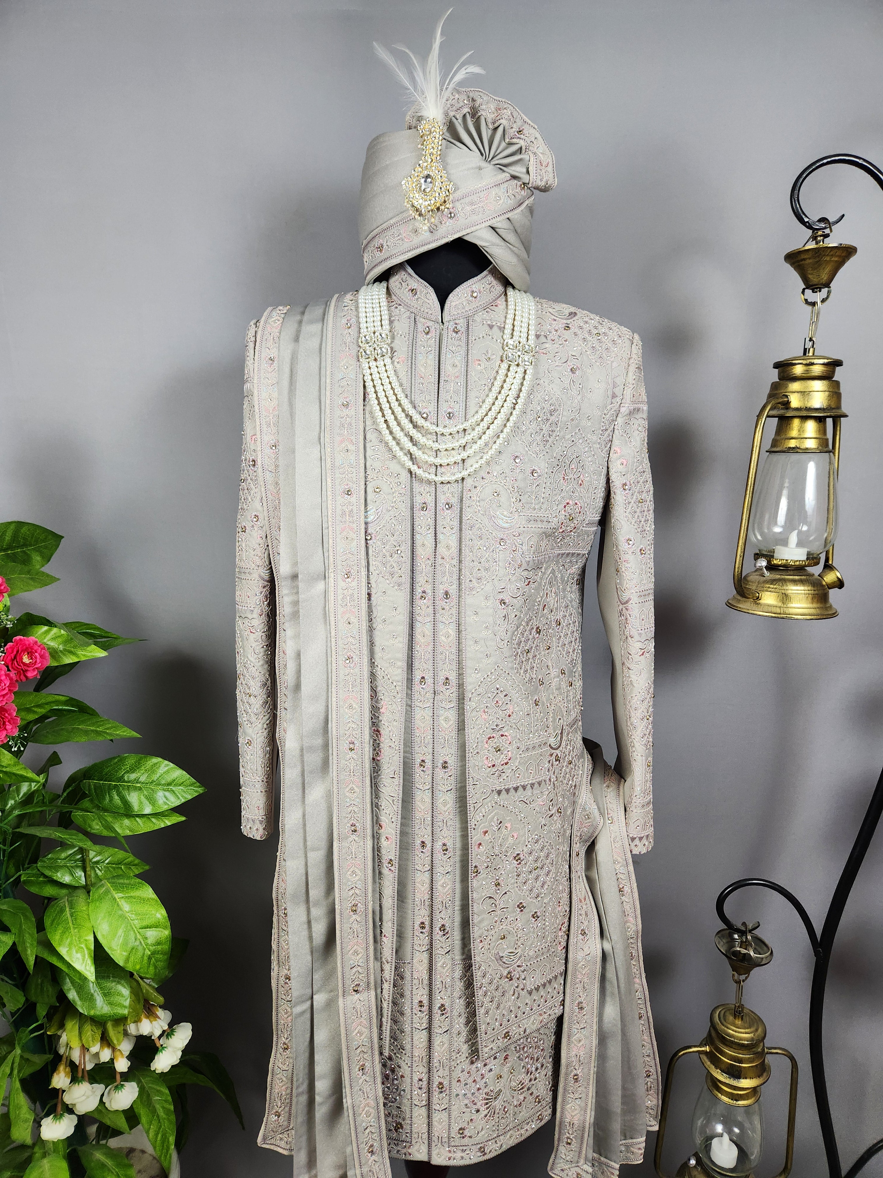 Gray Wedding Groom Sherwani - Diamond Studded Work | Sherwani For Men