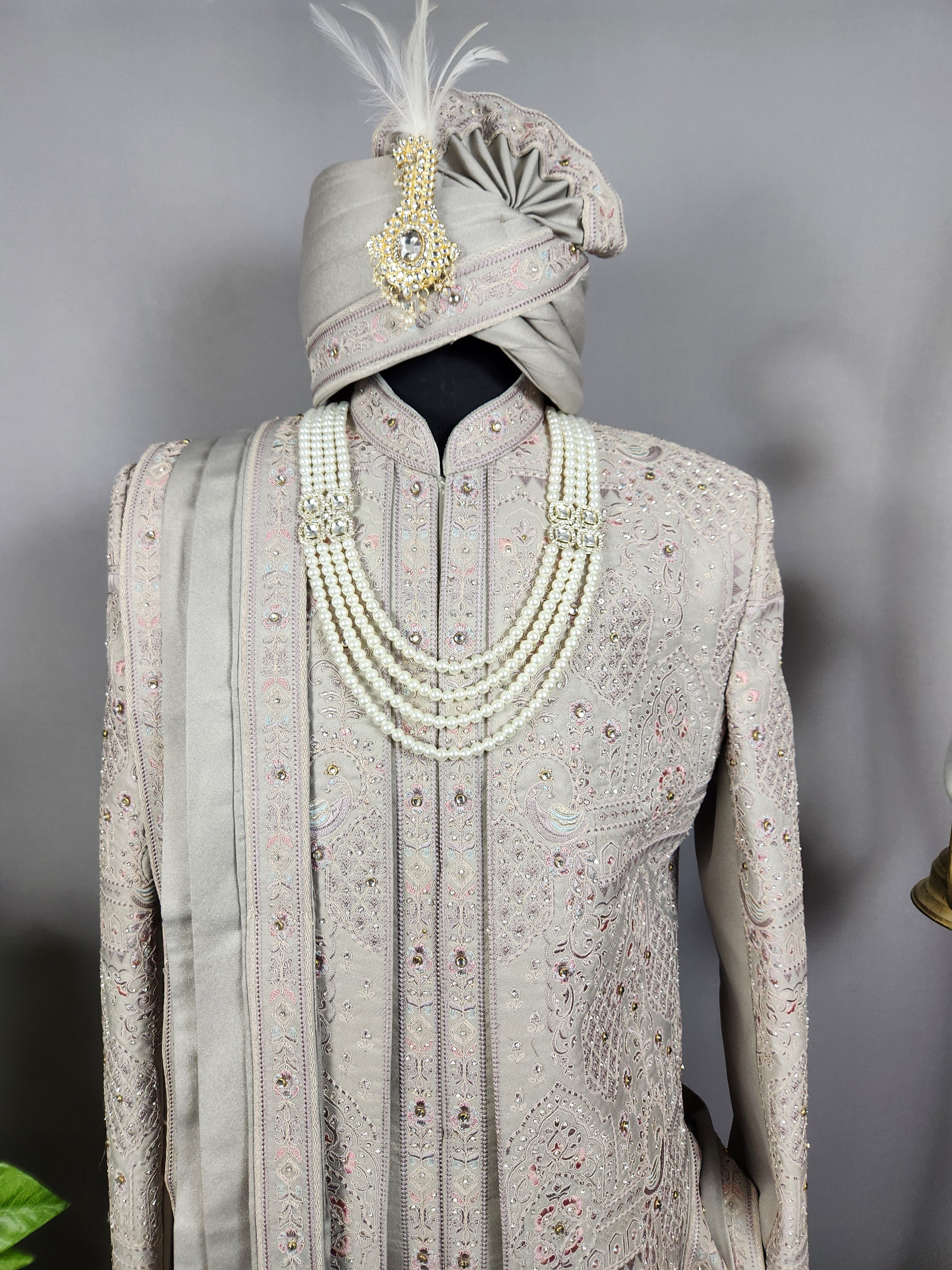 Gray Wedding Groom Sherwani - Diamond Studded Work | Sherwani For Men